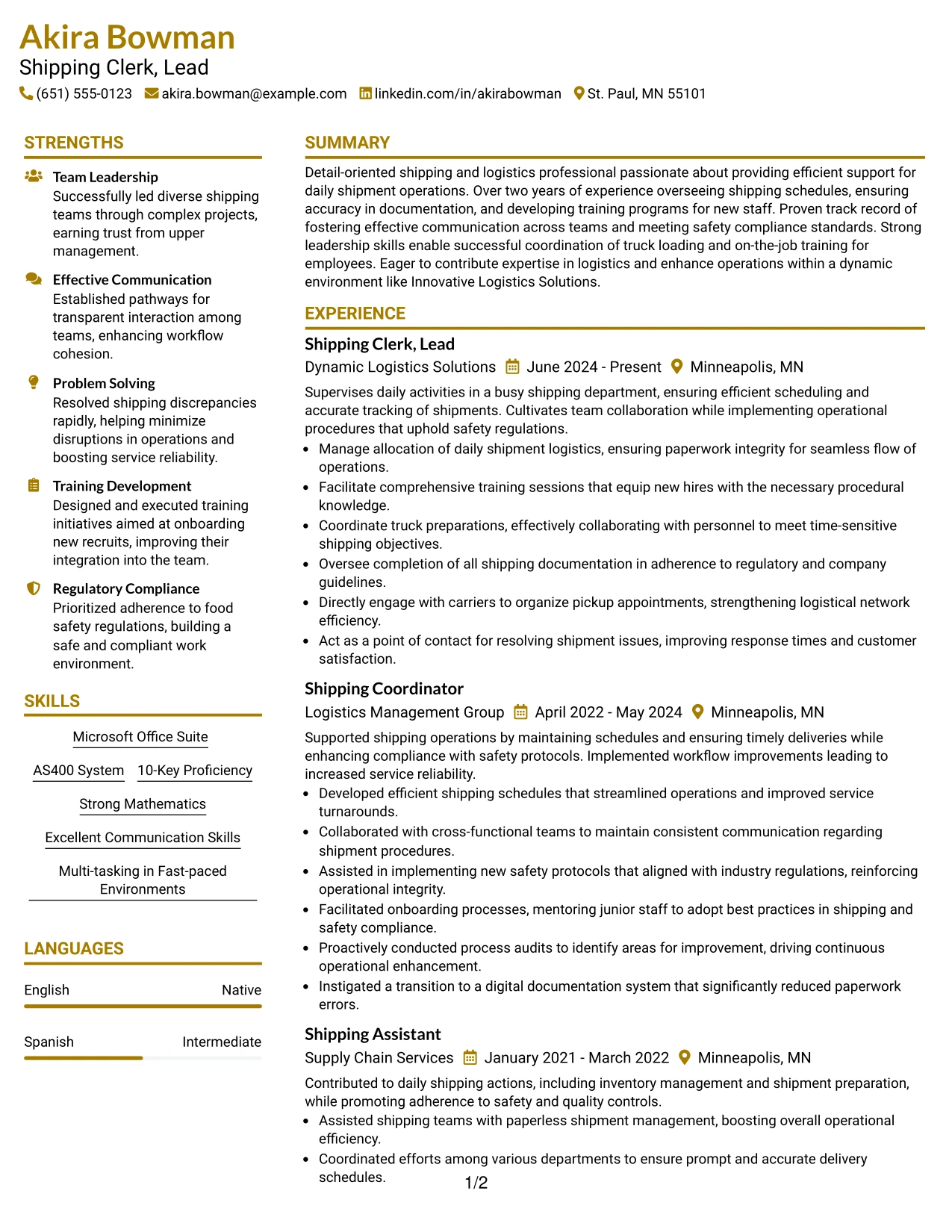 Resume Example Page 1