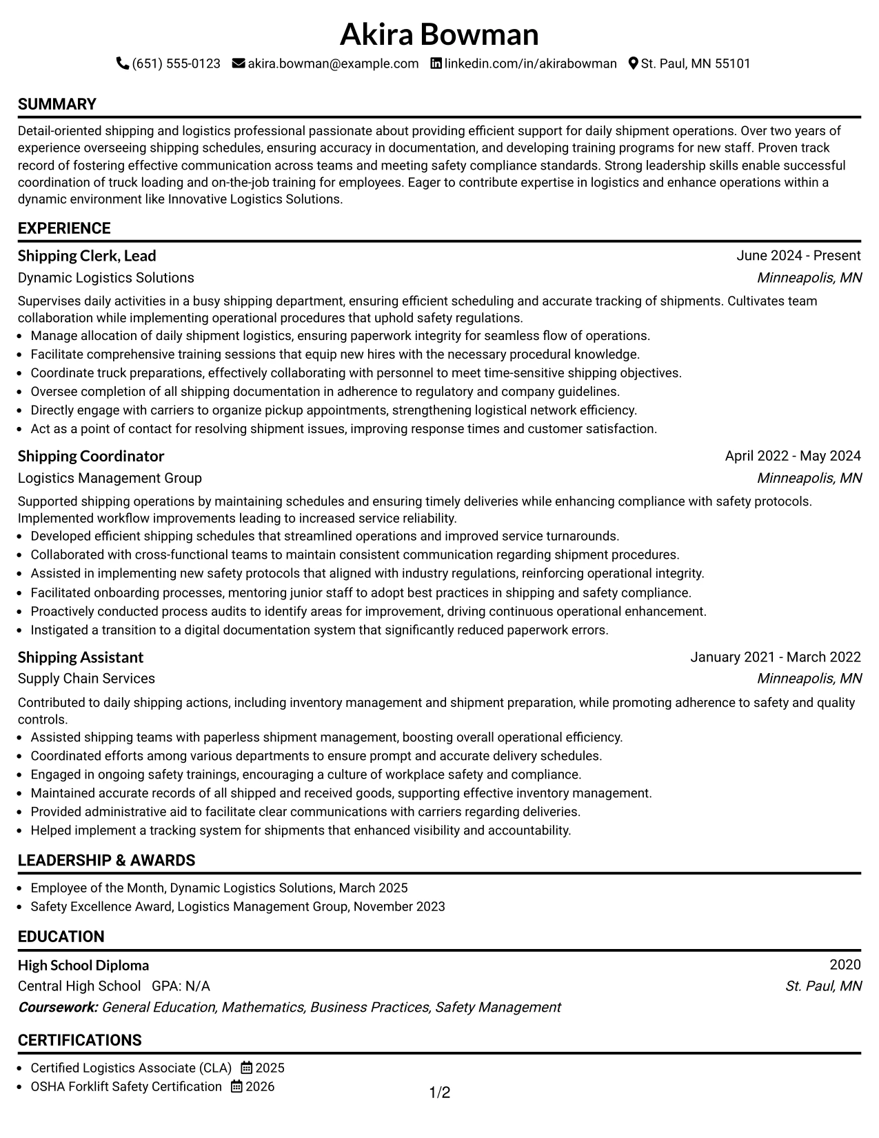 Resume Example Page 1