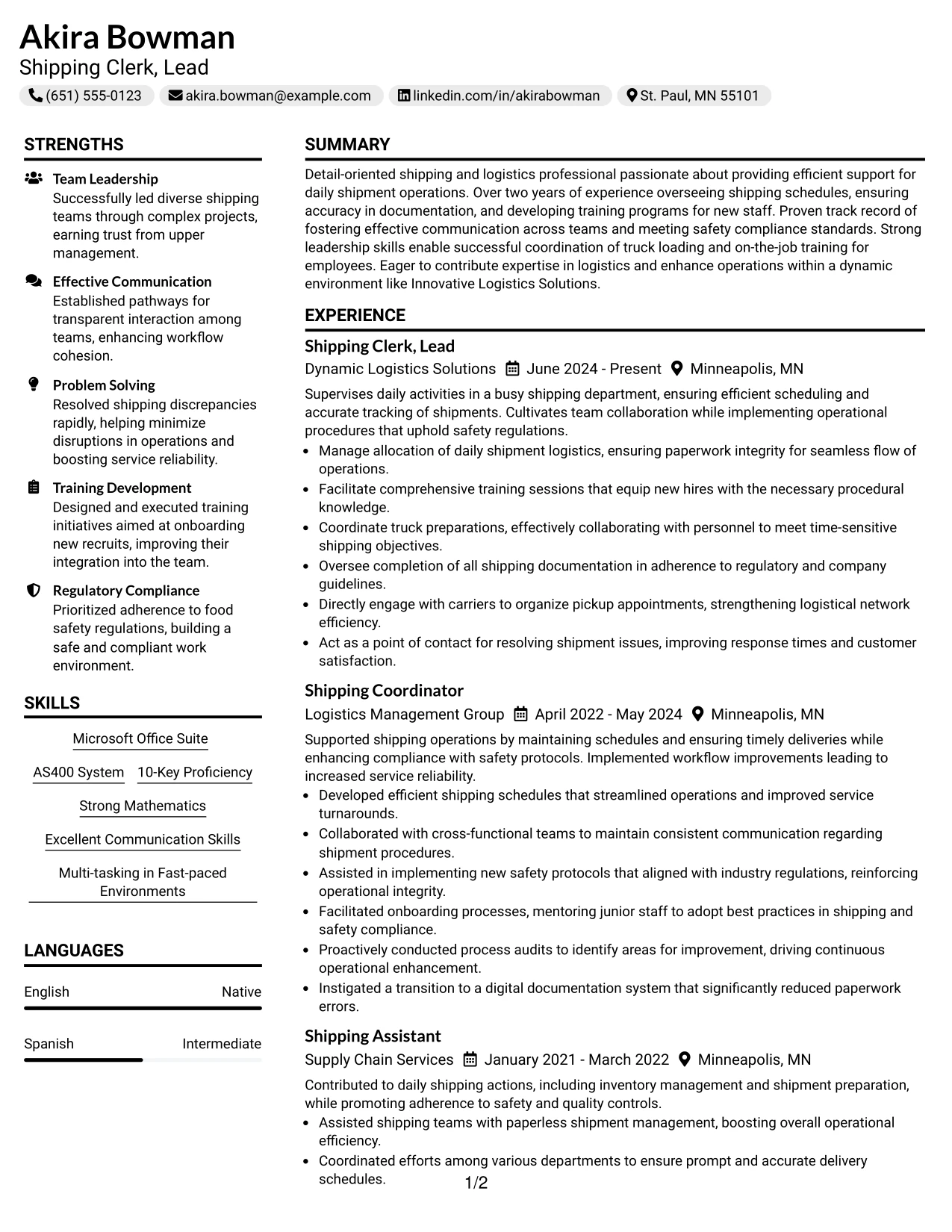 Resume Example Page 1