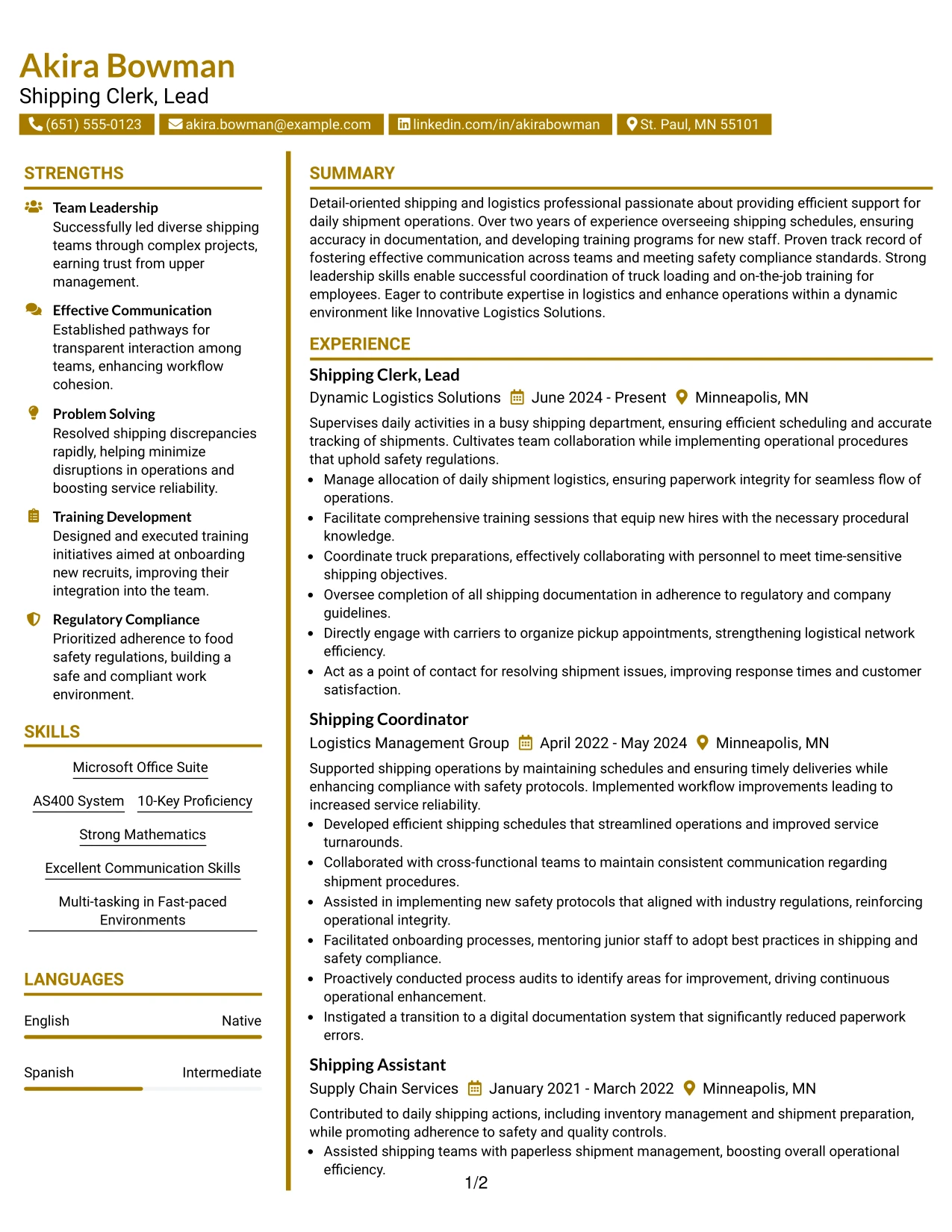 Resume Example Page 1