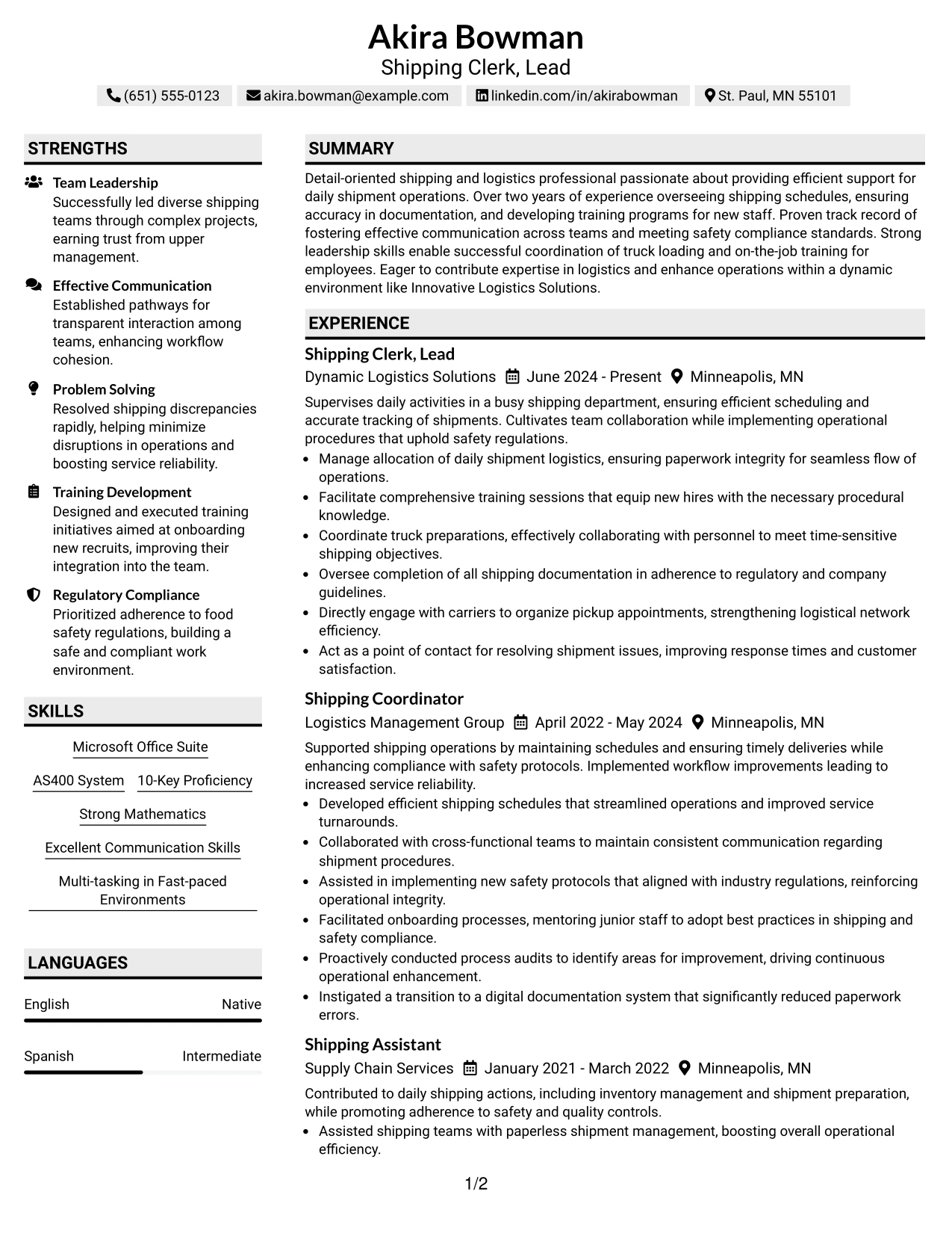 Resume Example Page 1