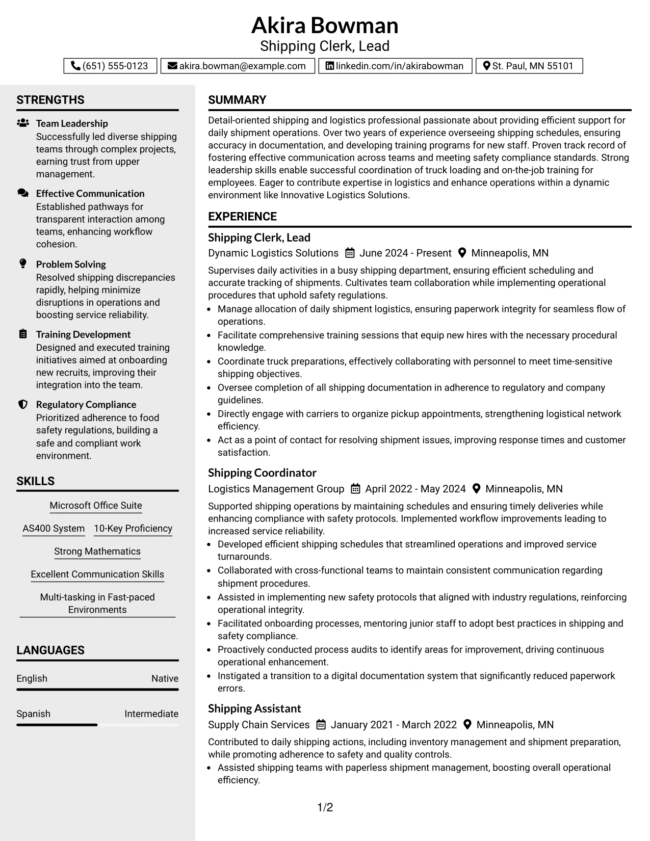Resume Example Page 1