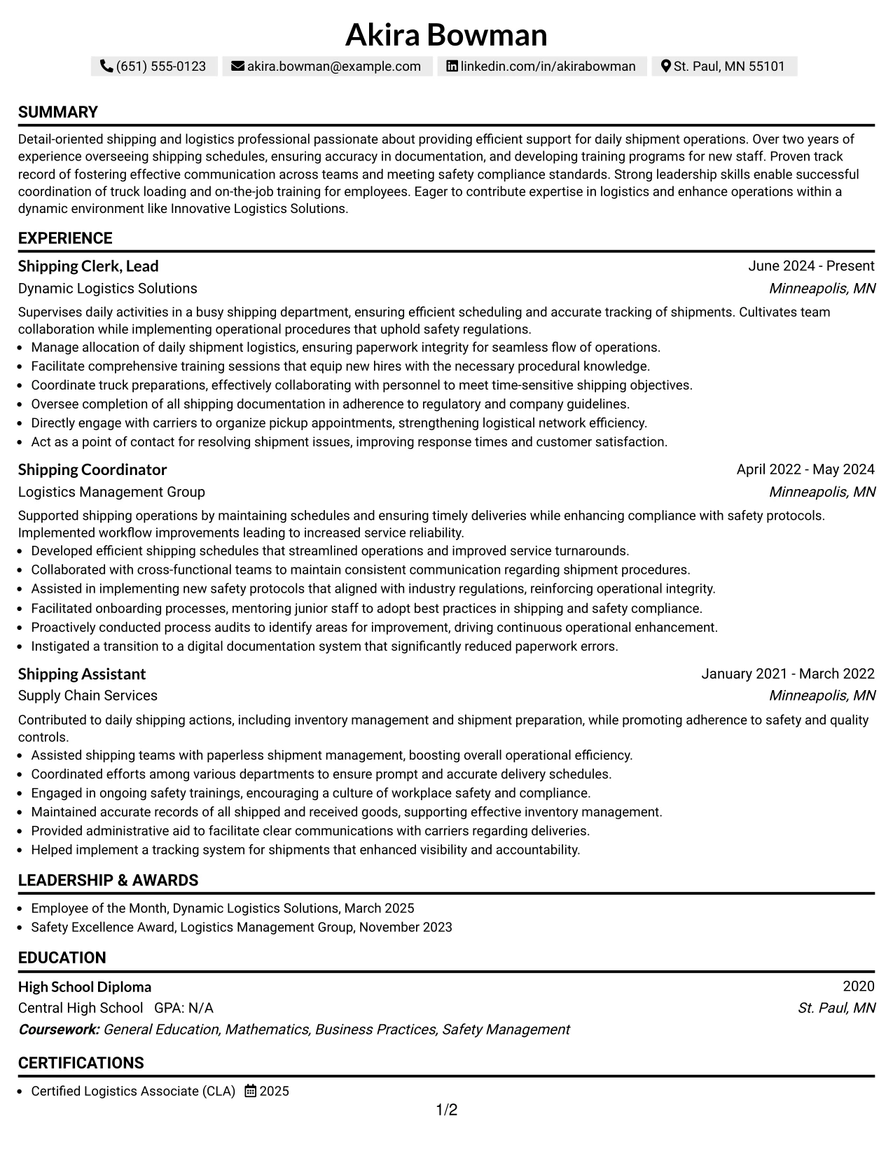 Resume Example Page 1