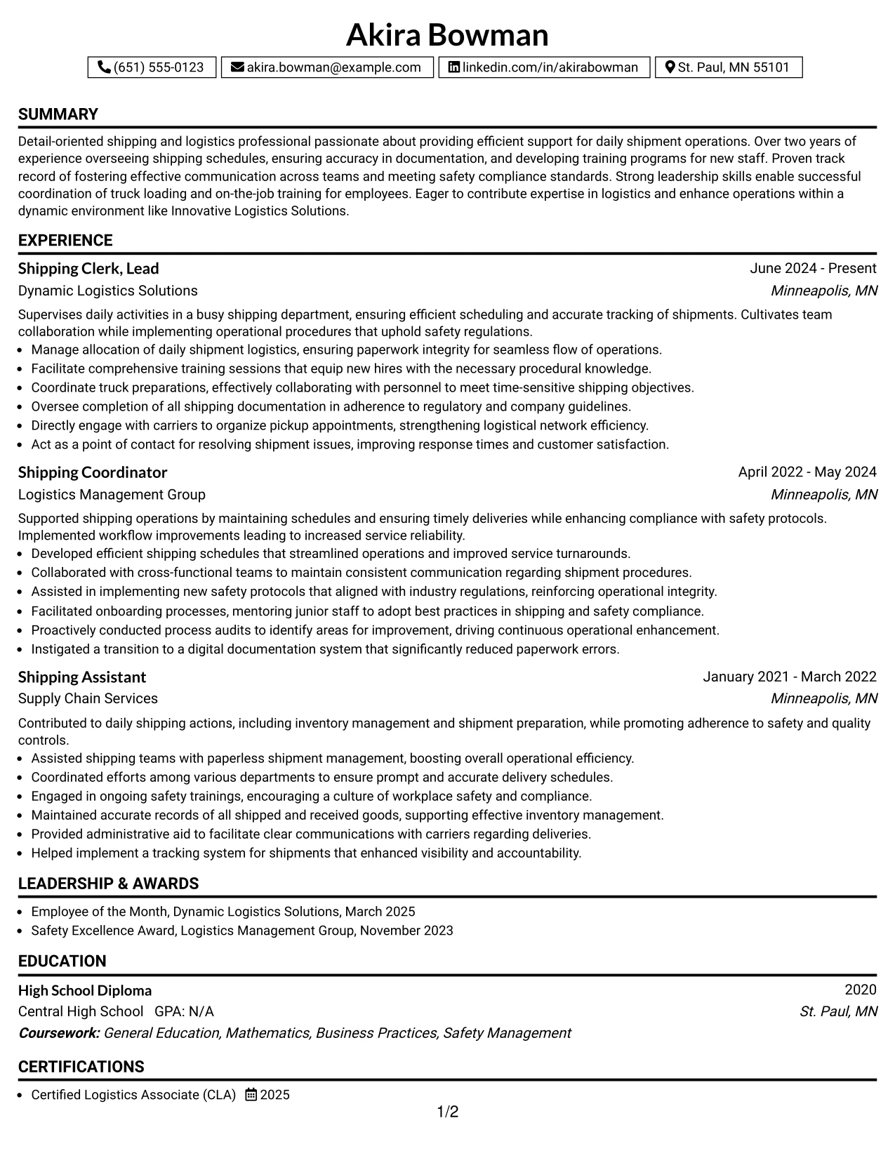 Resume Example Page 1
