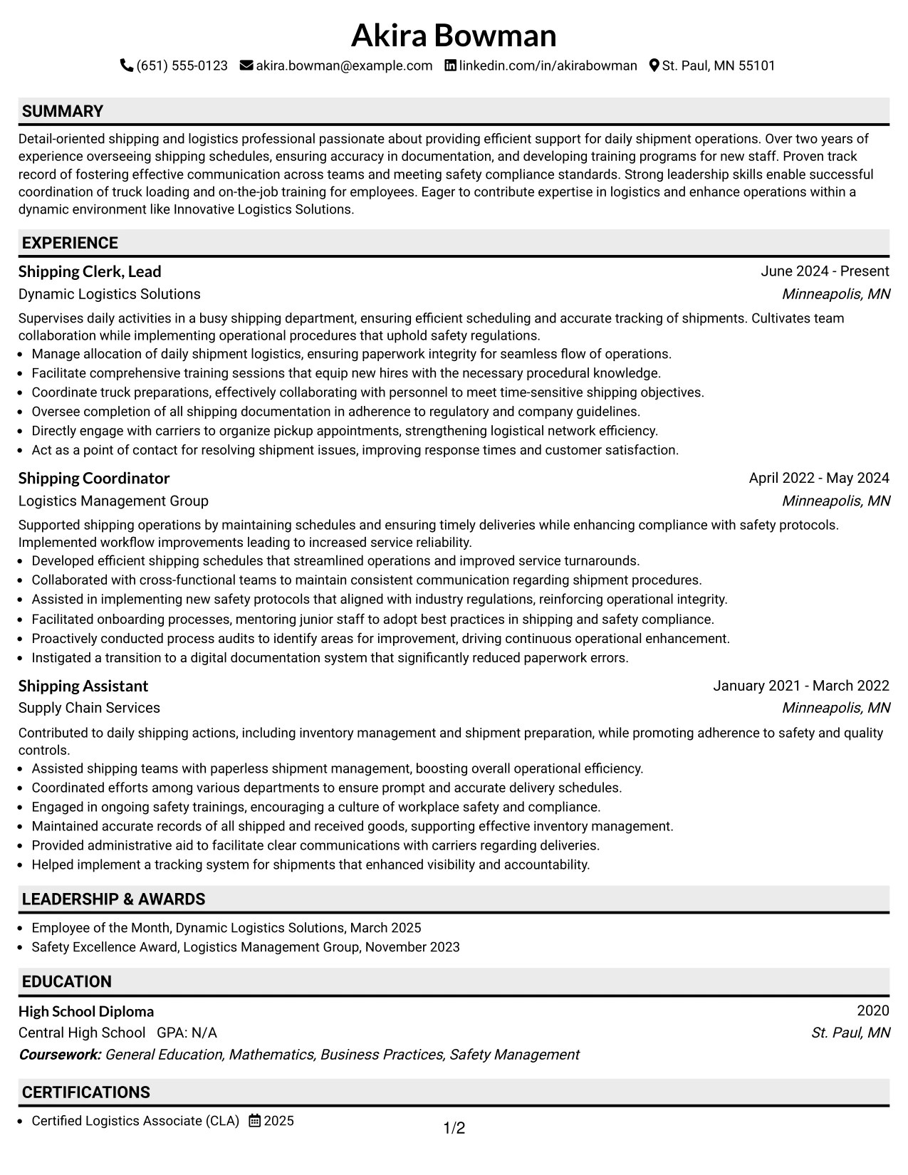 Resume Example Page 1