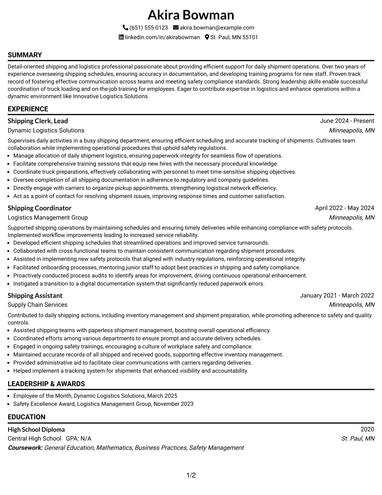 Resume Example Page 1