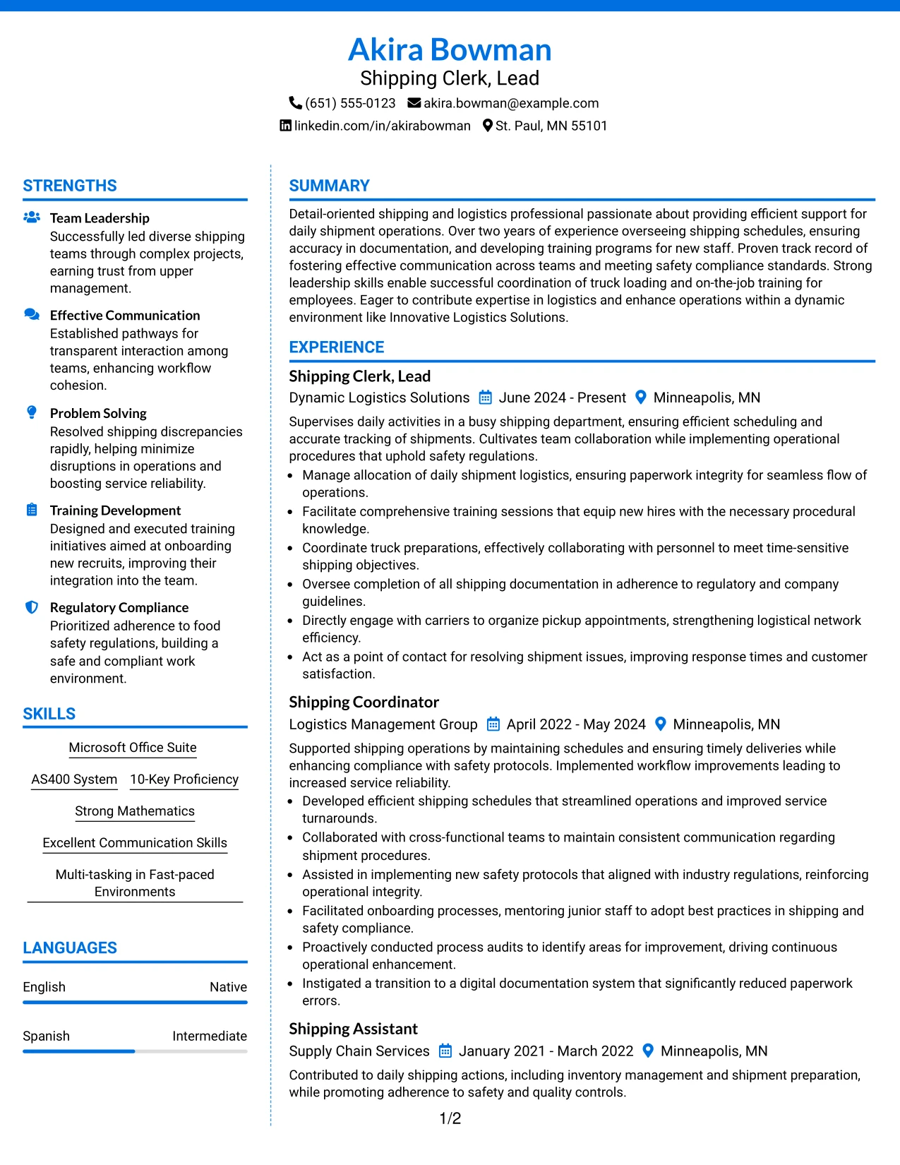 Resume Example Page 1