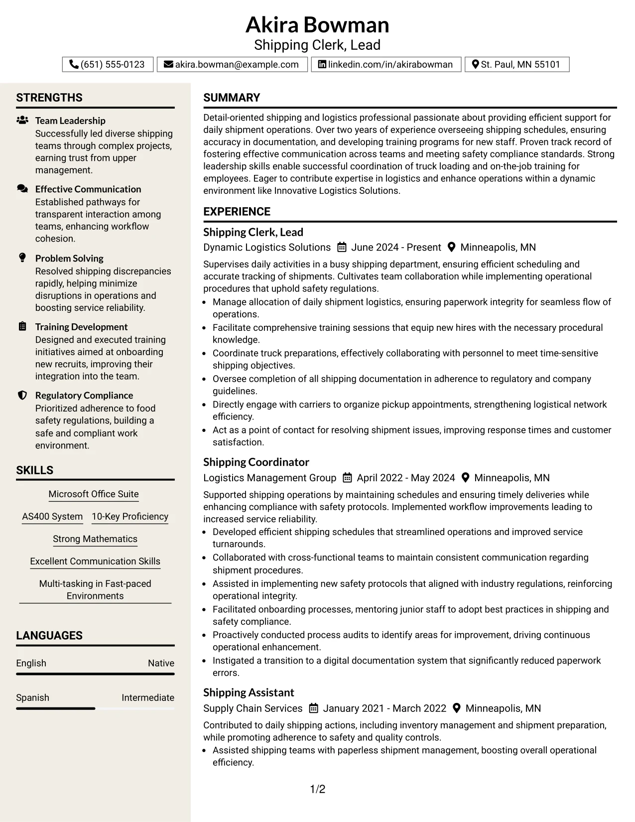 Resume Example Page 1