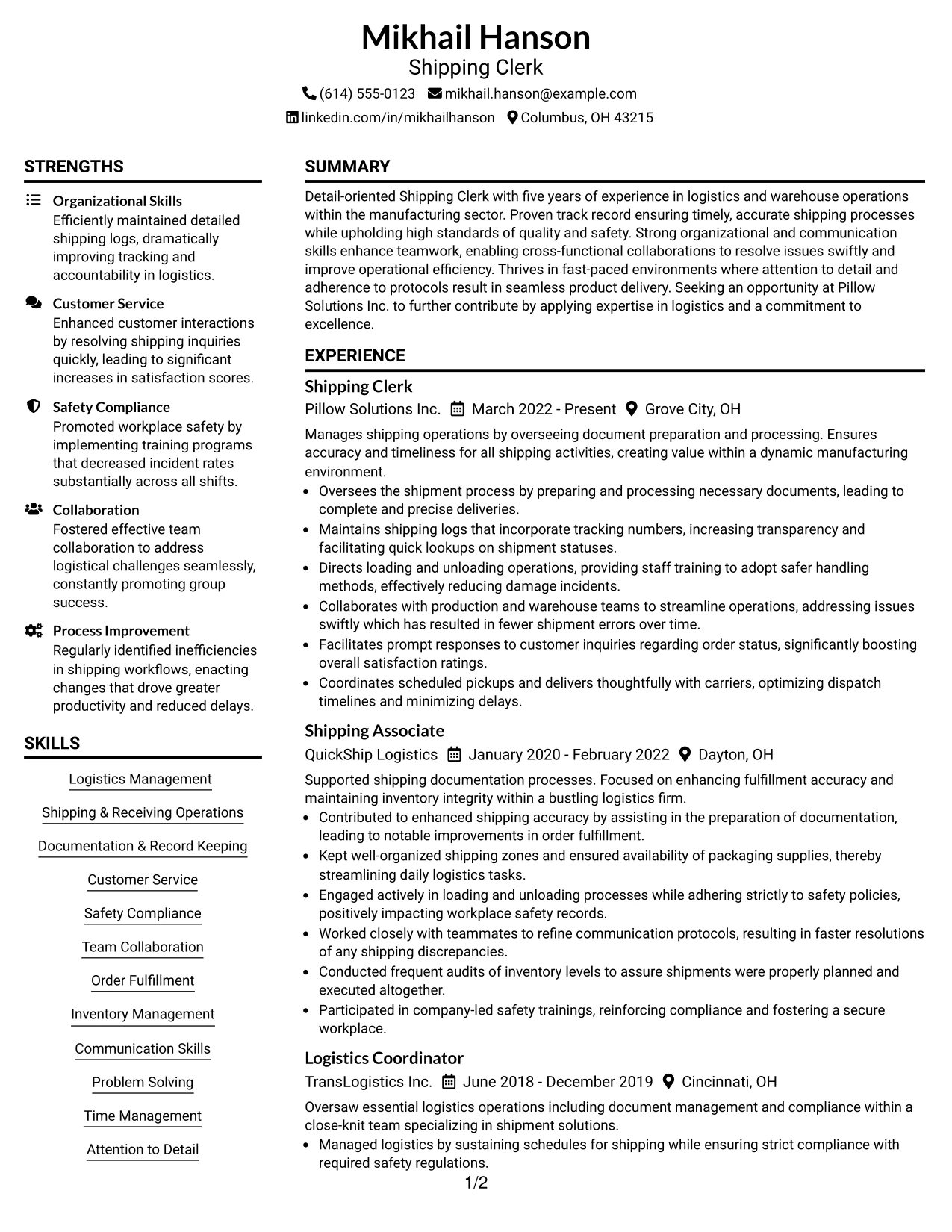 Resume Example Page 1