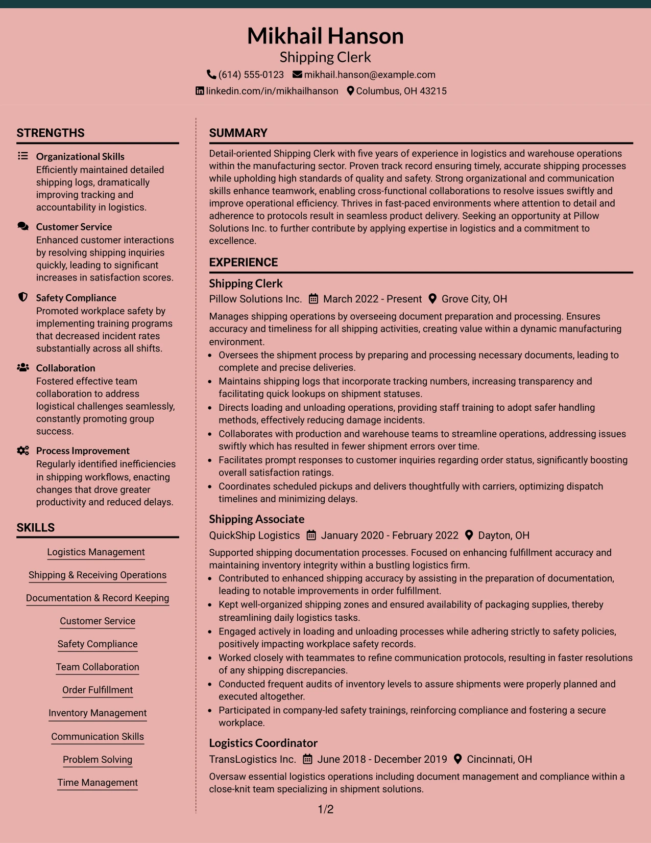 Resume Example Page 1