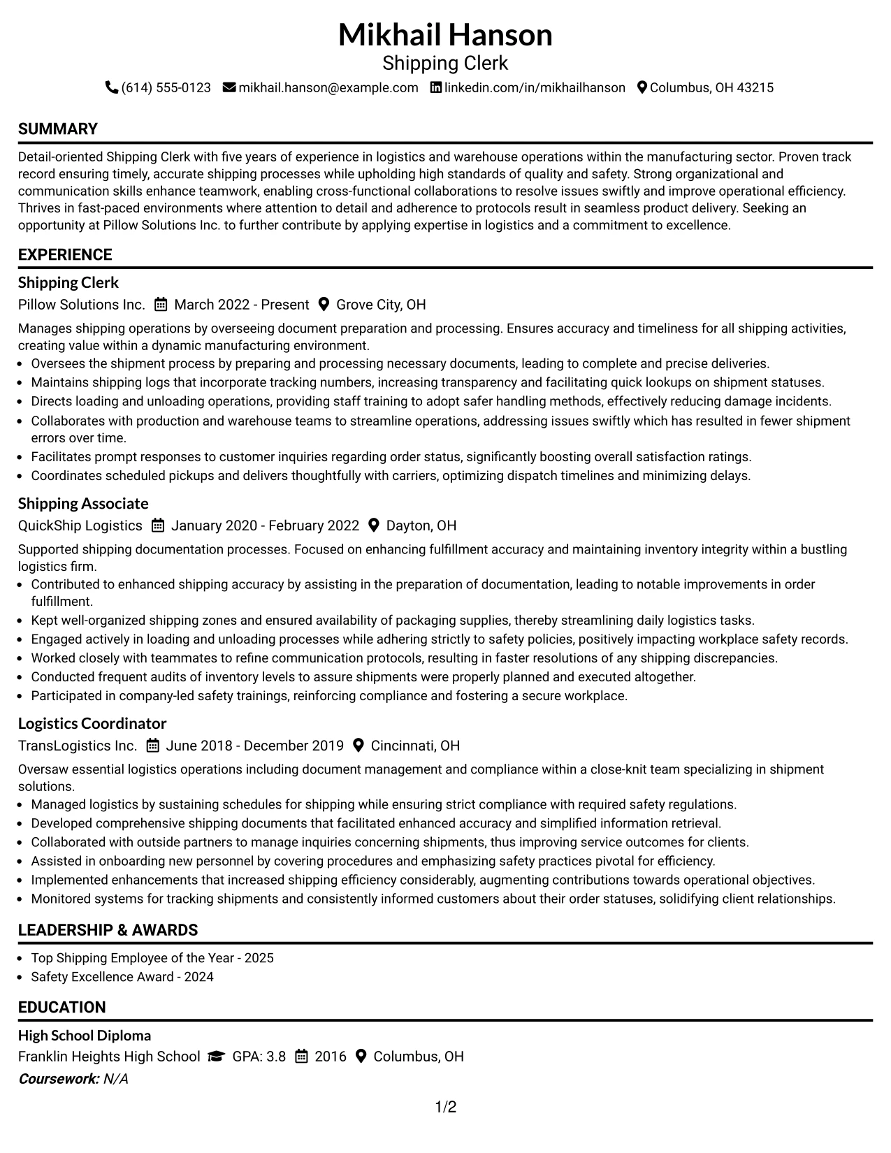 Resume Example Page 1