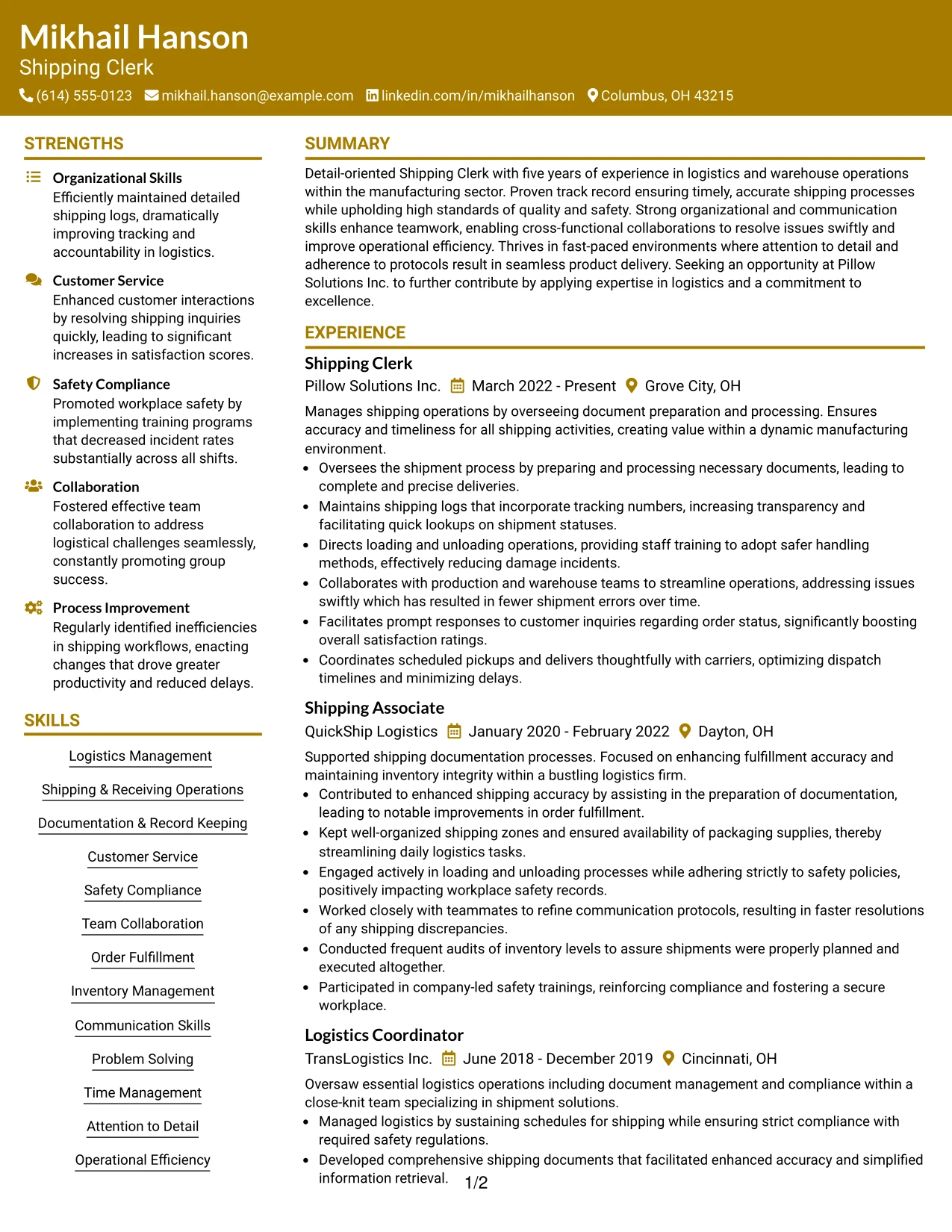 Resume Example Page 1