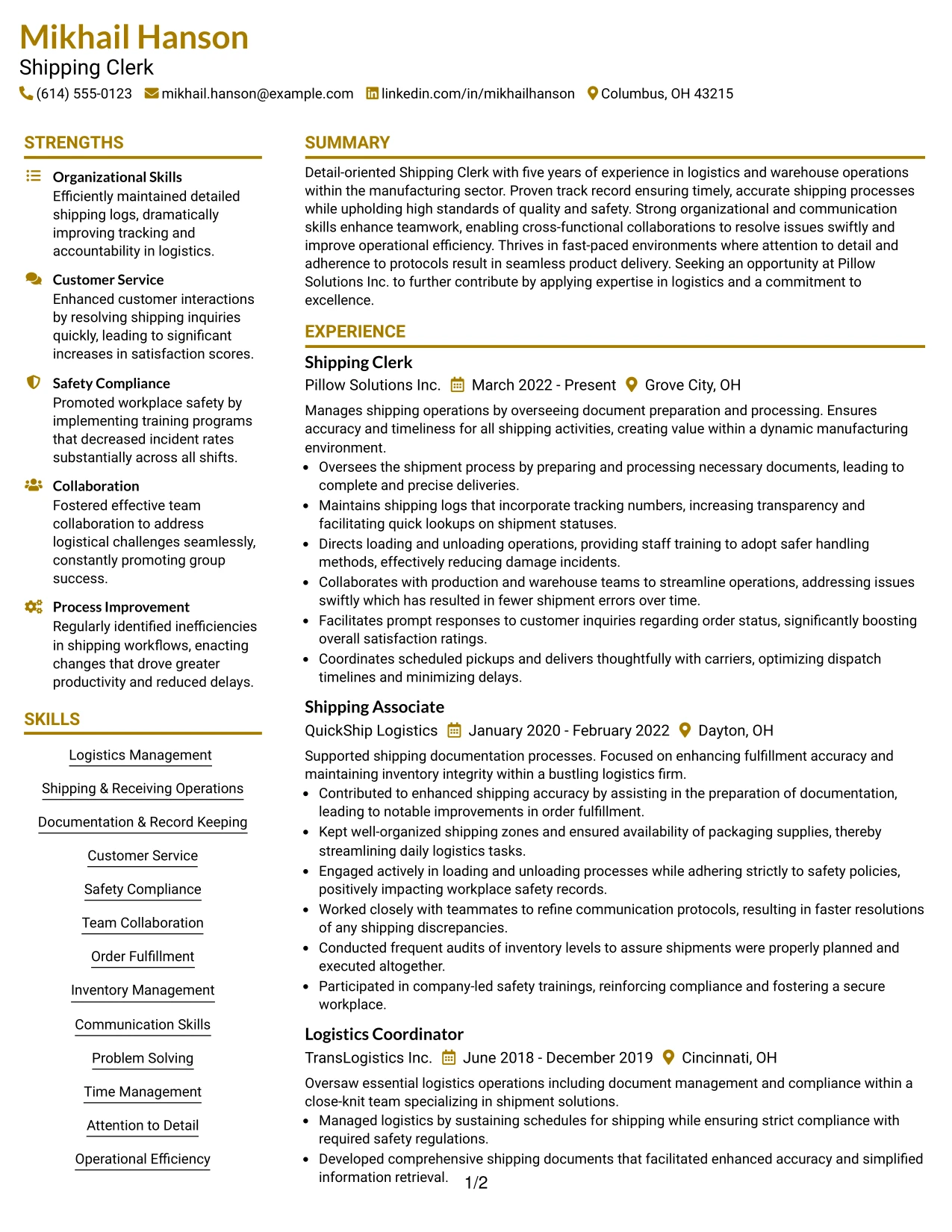 Resume Example Page 1