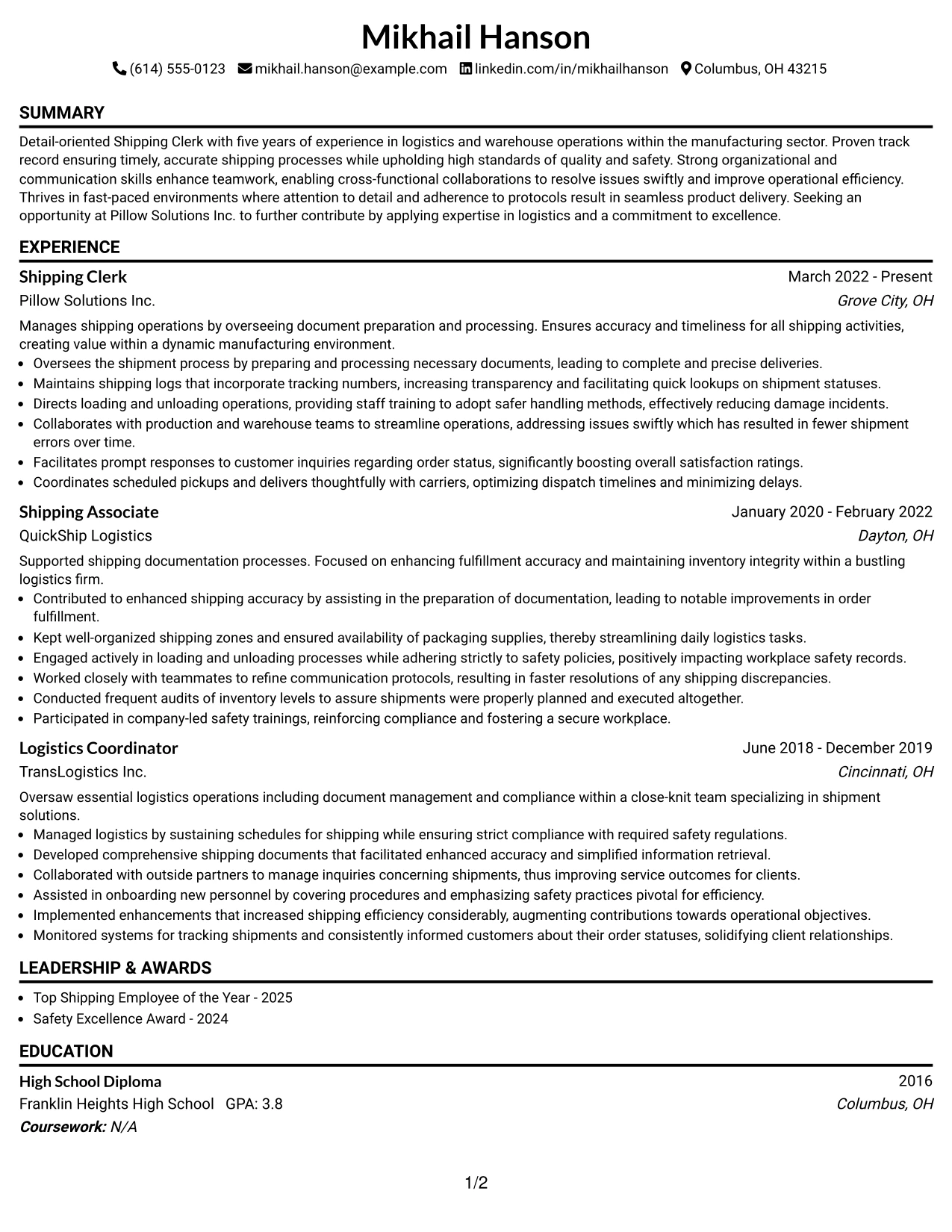 Resume Example Page 1