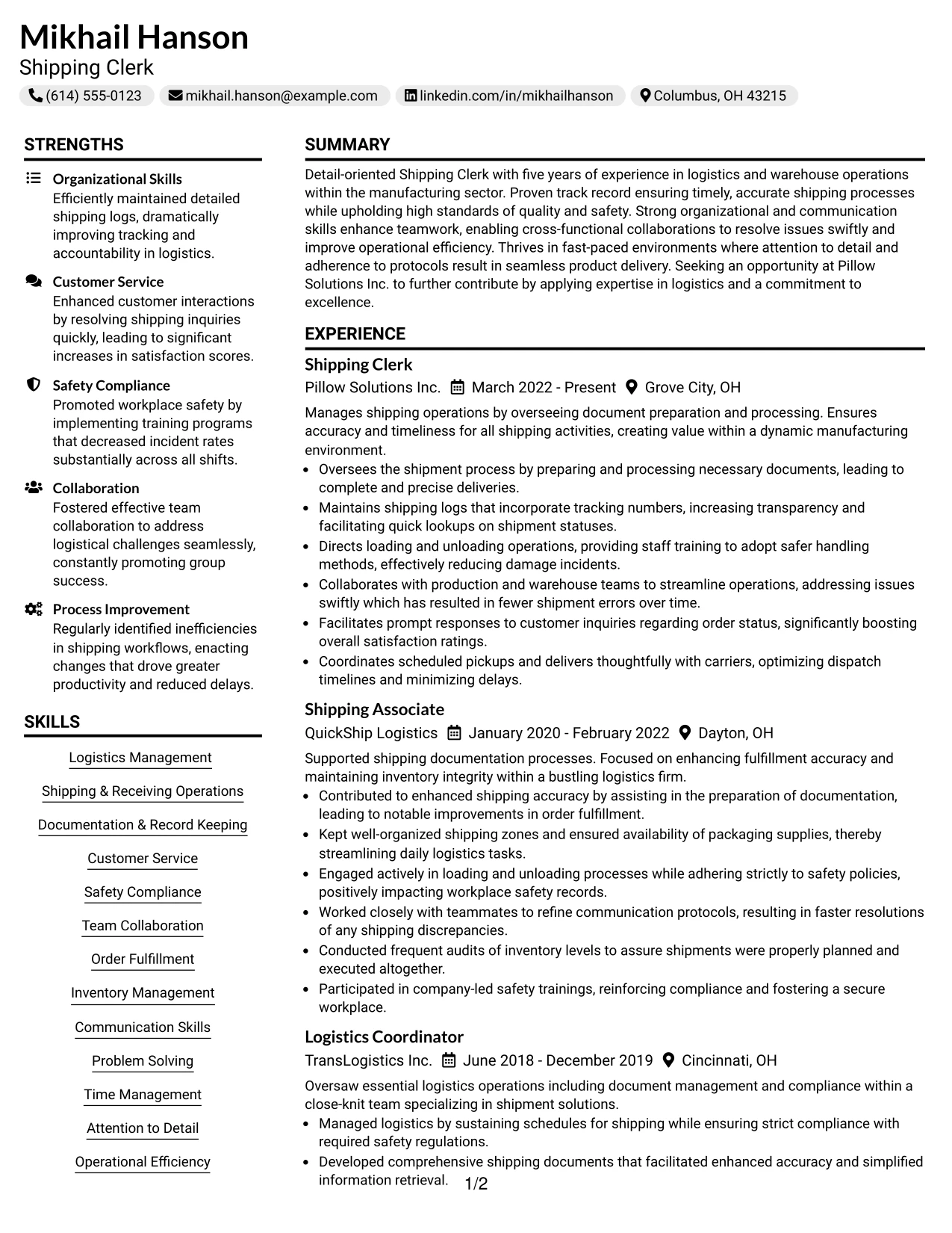 Resume Example Page 1