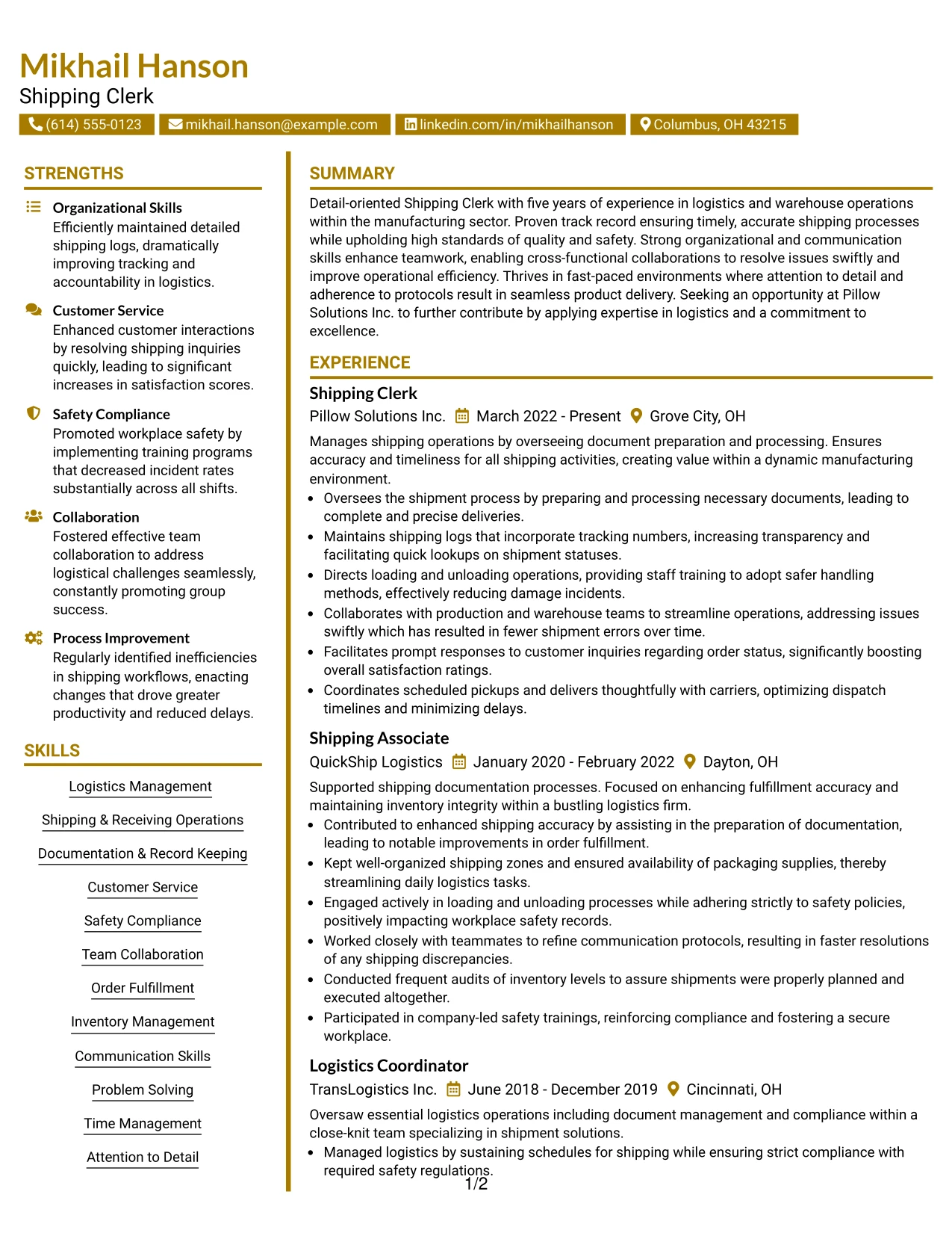 Resume Example Page 1
