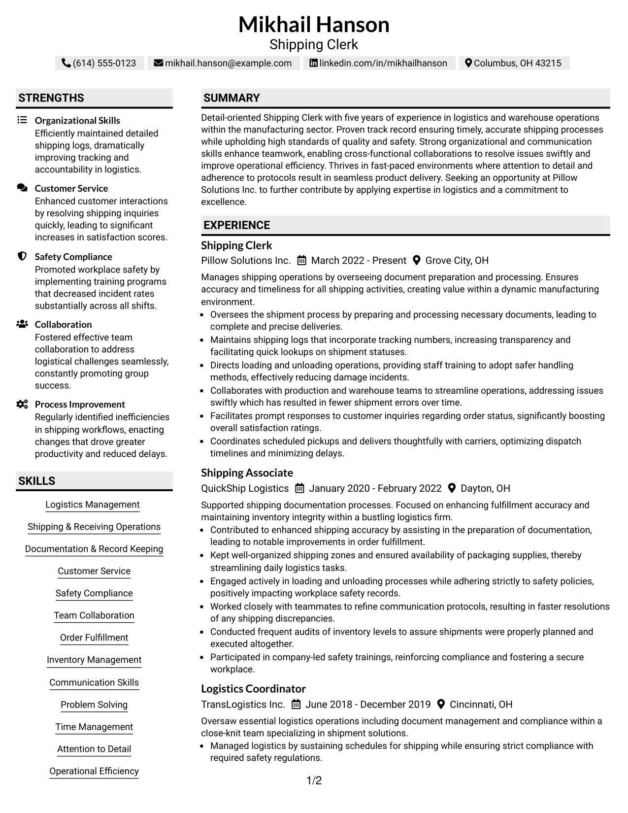 Resume Example Page 1