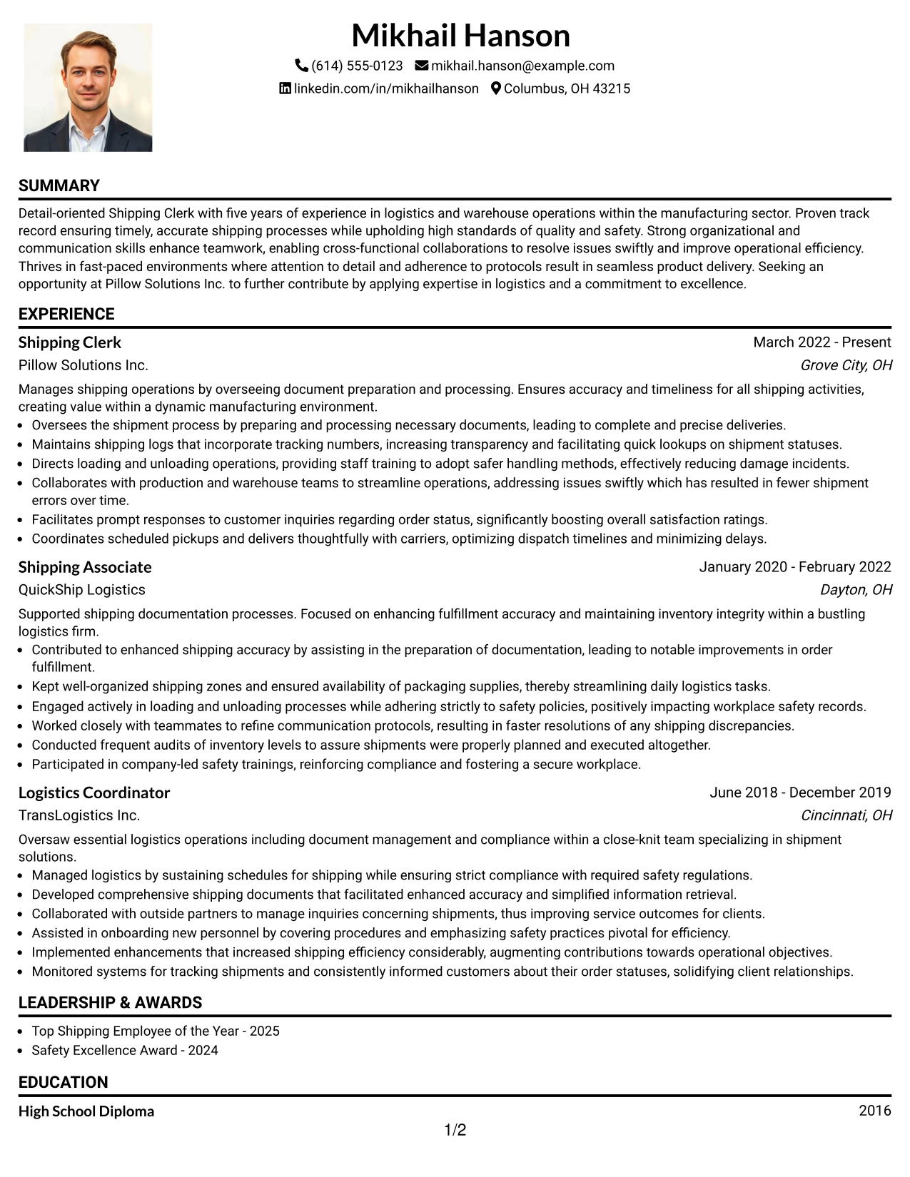 Resume Example Page 1