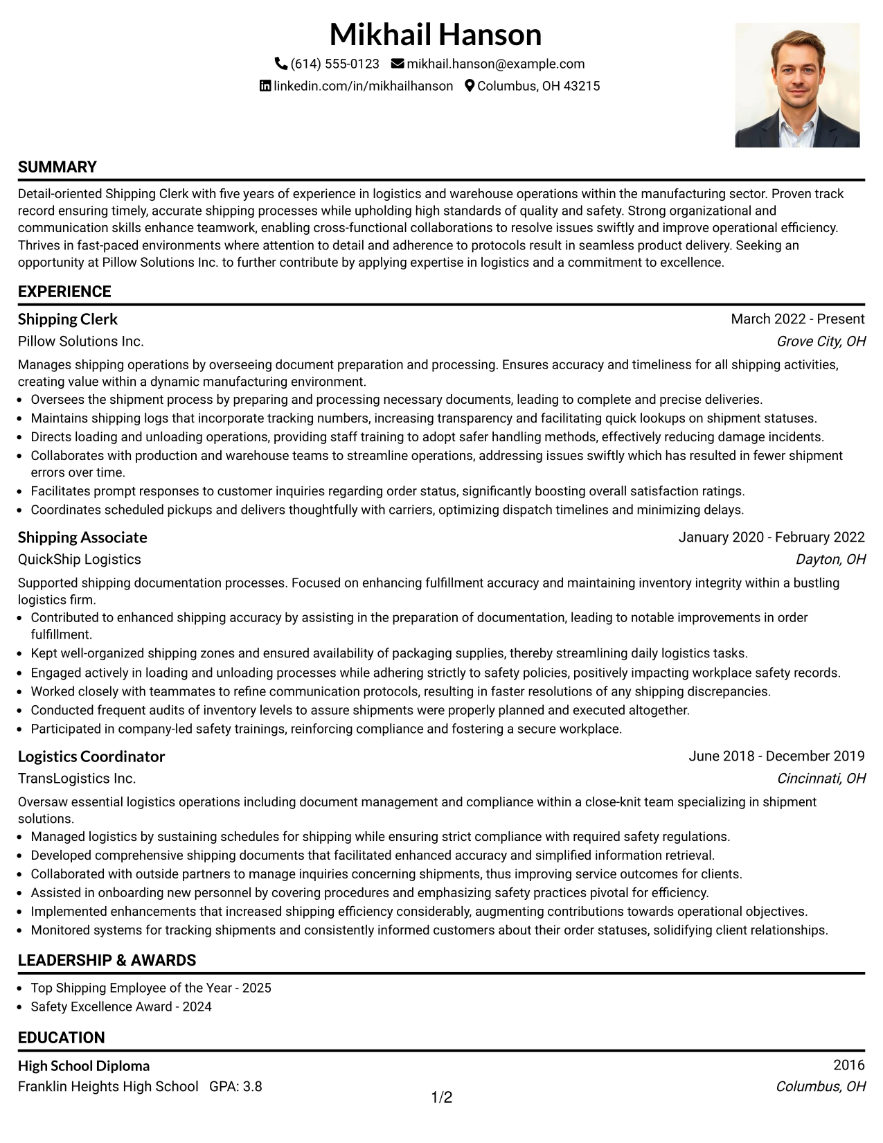 Resume Example Page 1