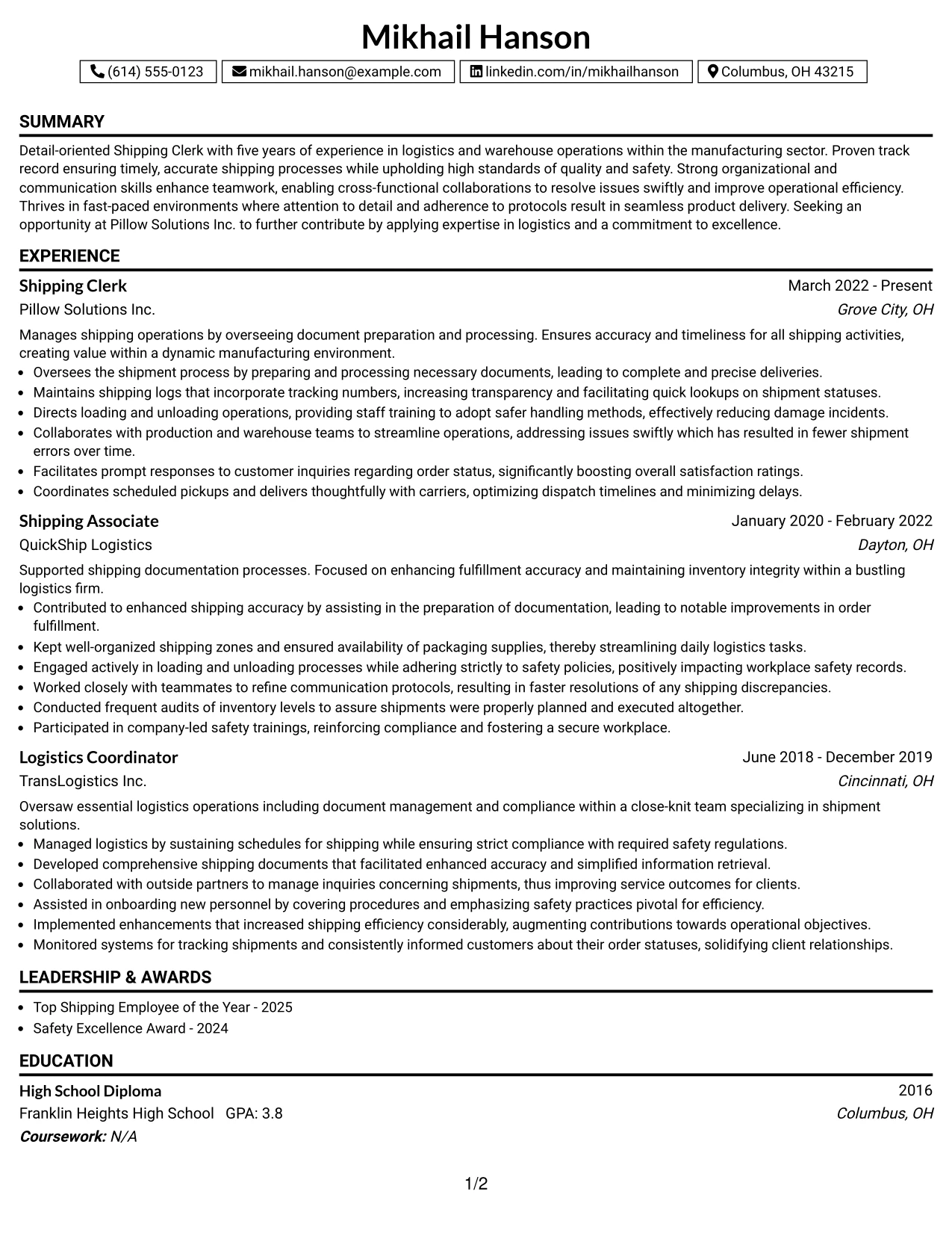 Resume Example Page 1