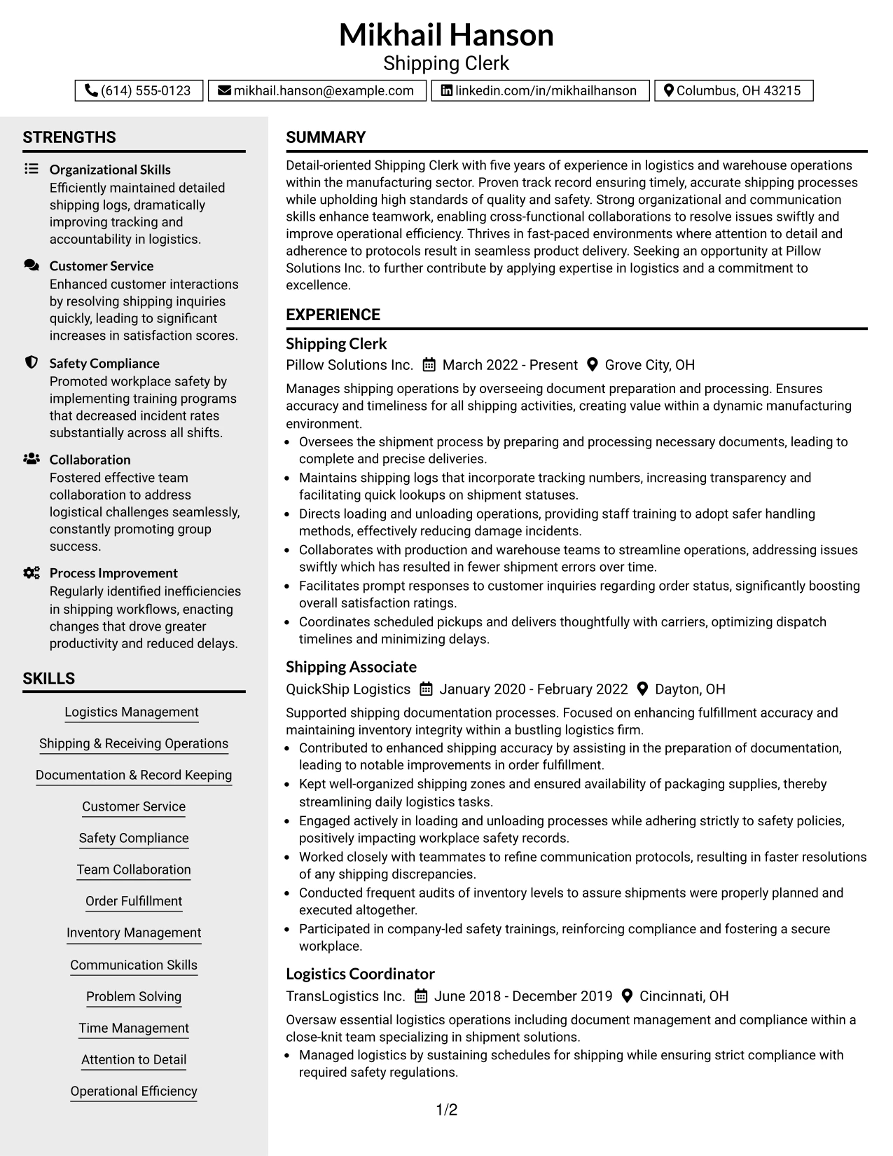 Resume Example Page 1
