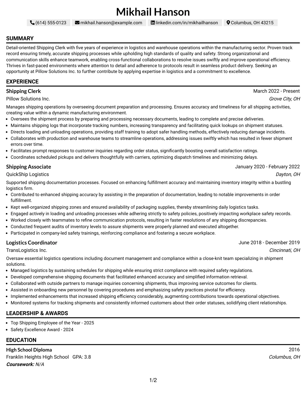 Resume Example Page 1