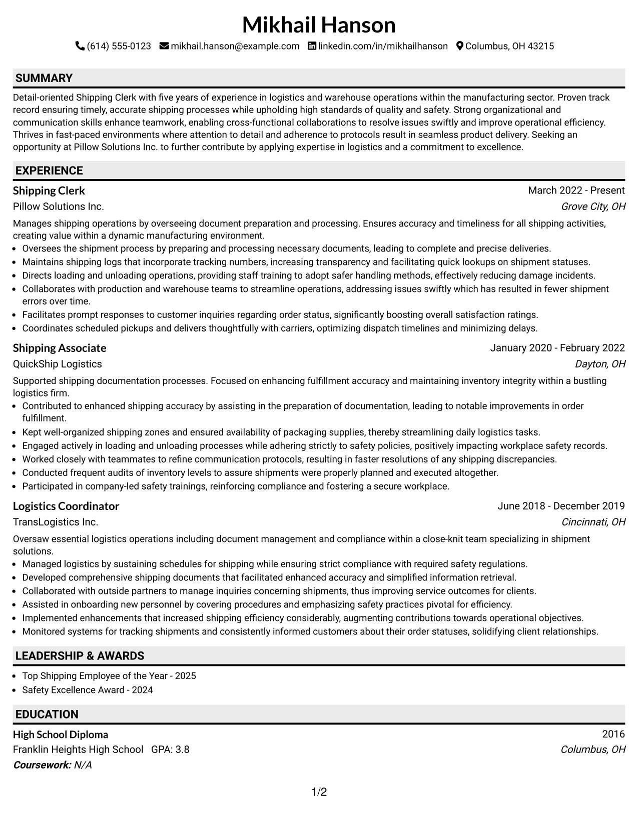 Resume Example Page 1