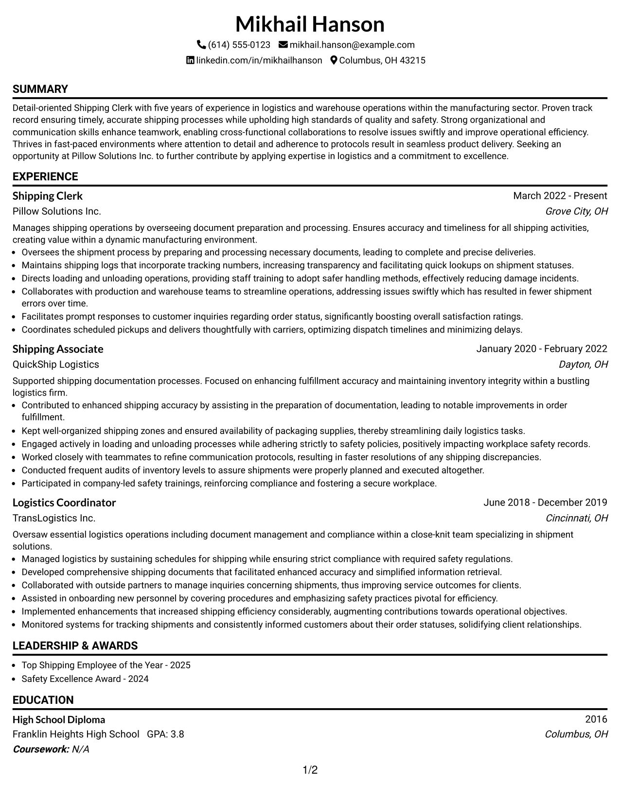 Resume Example Page 1