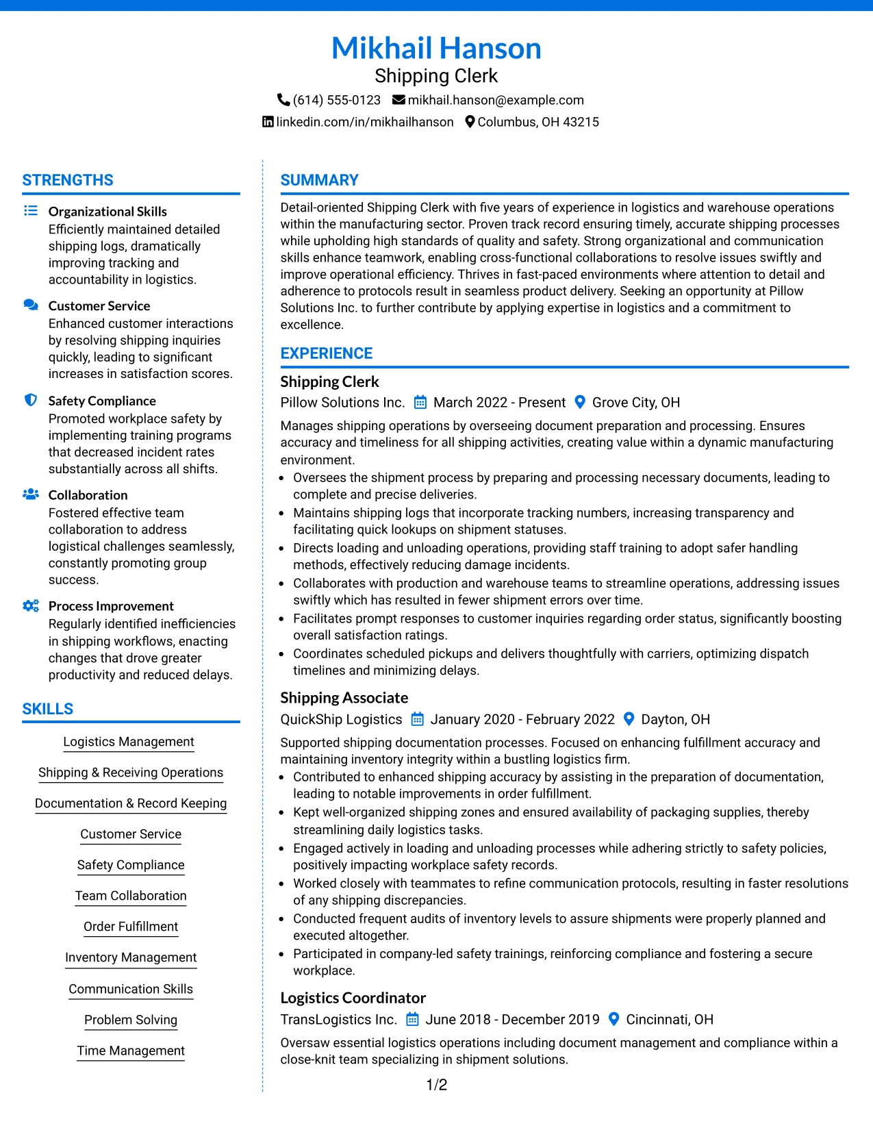 Resume Example Page 1
