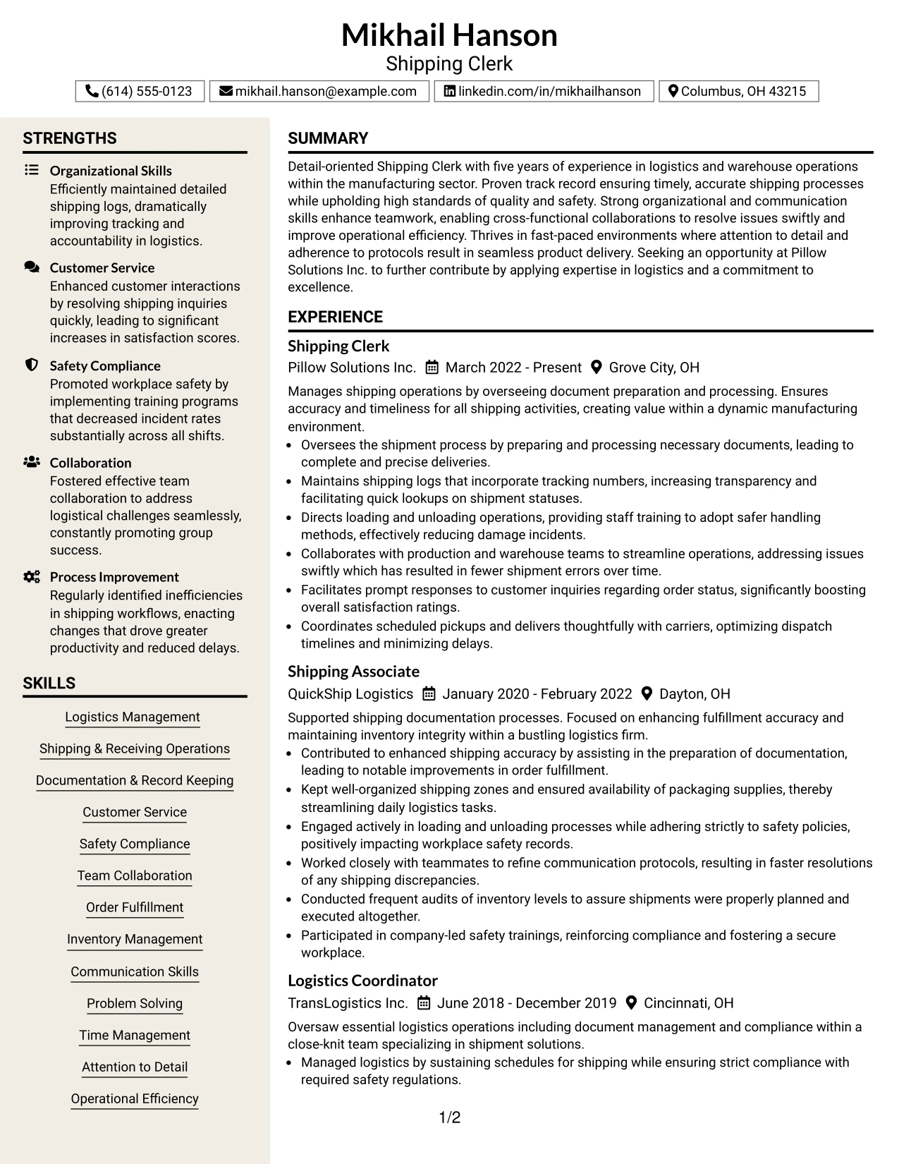 Resume Example Page 1
