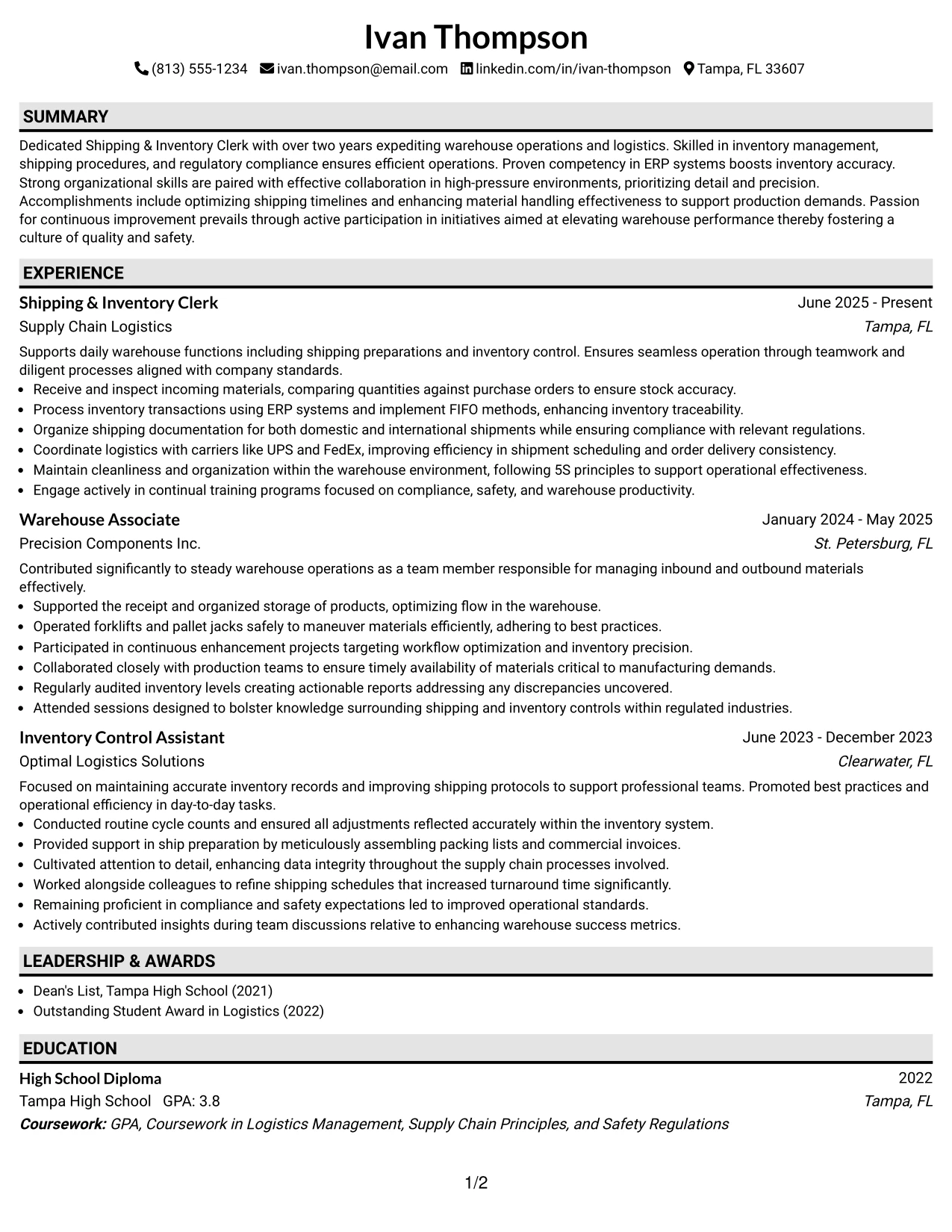 Resume Example Page 1