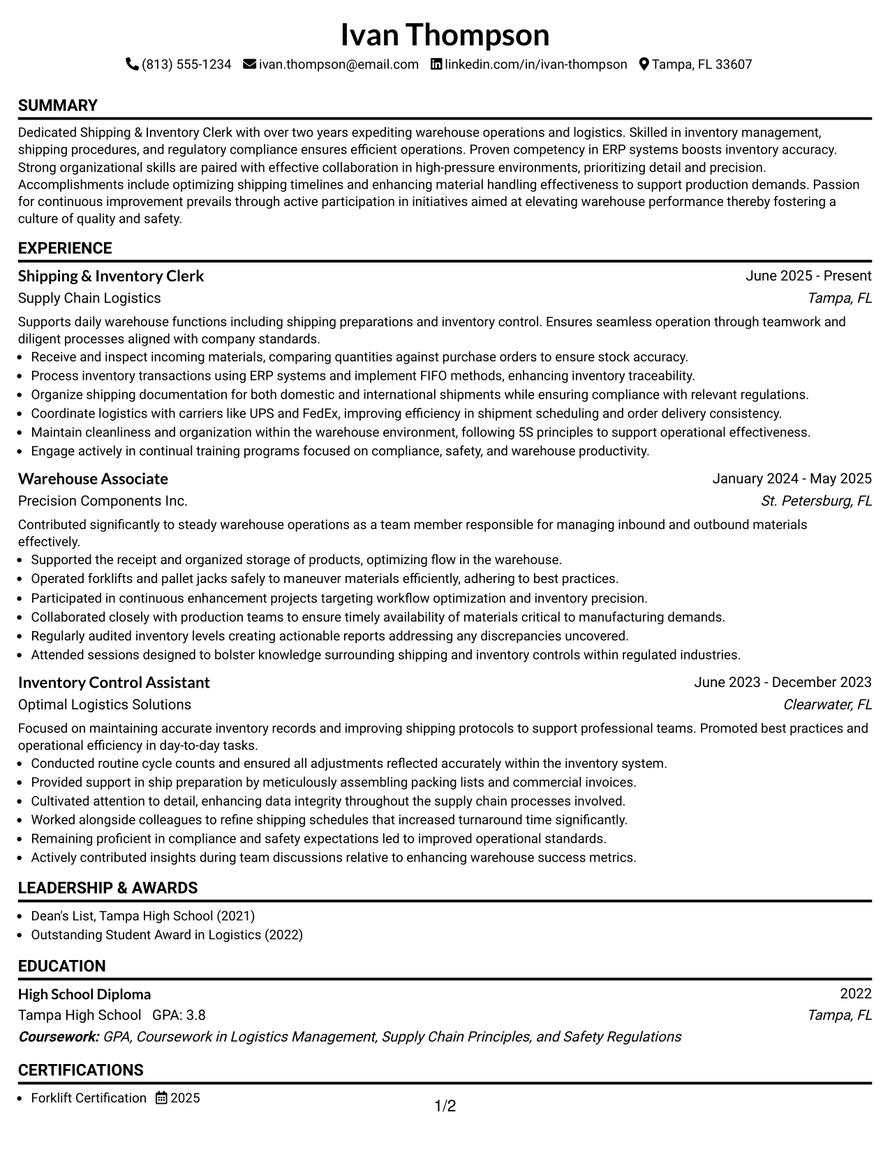 Resume Example Page 1