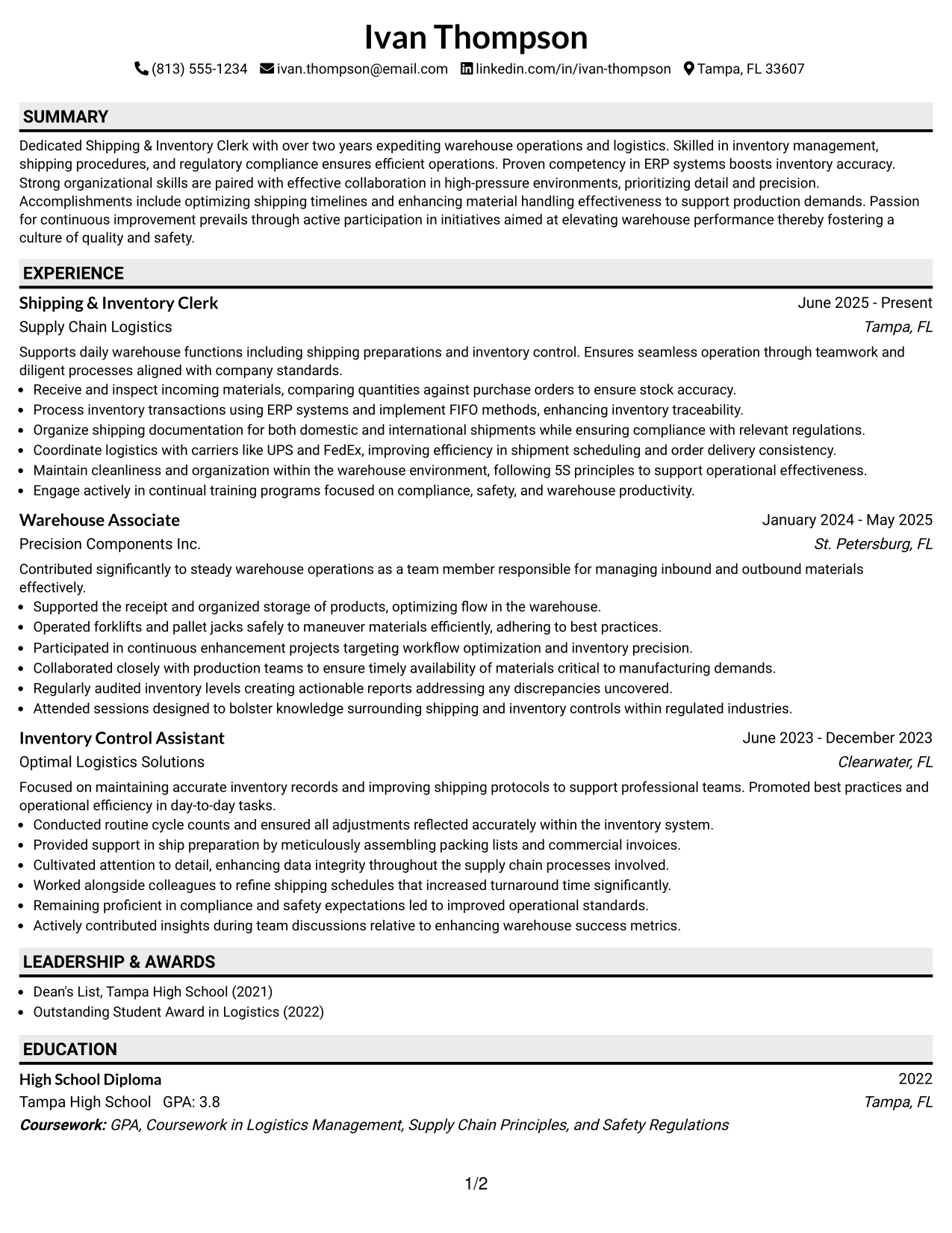 Resume Example Page 1