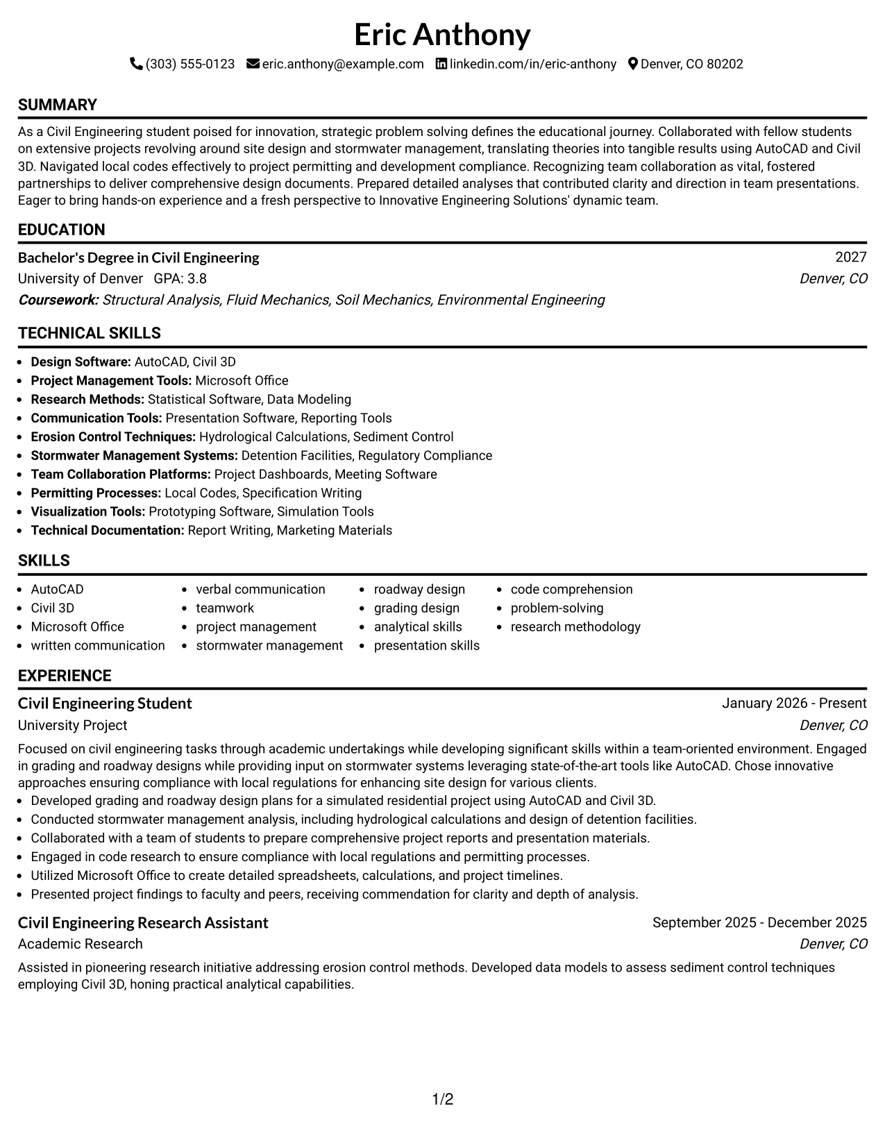Resume Example Page 1
