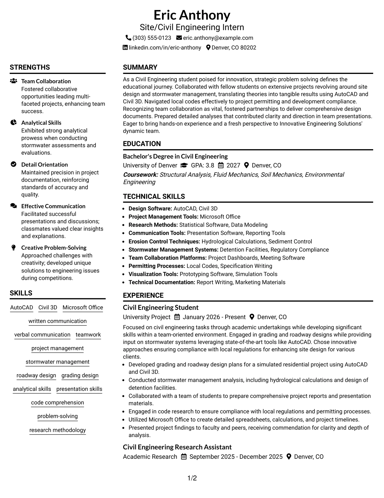 Resume Example Page 1