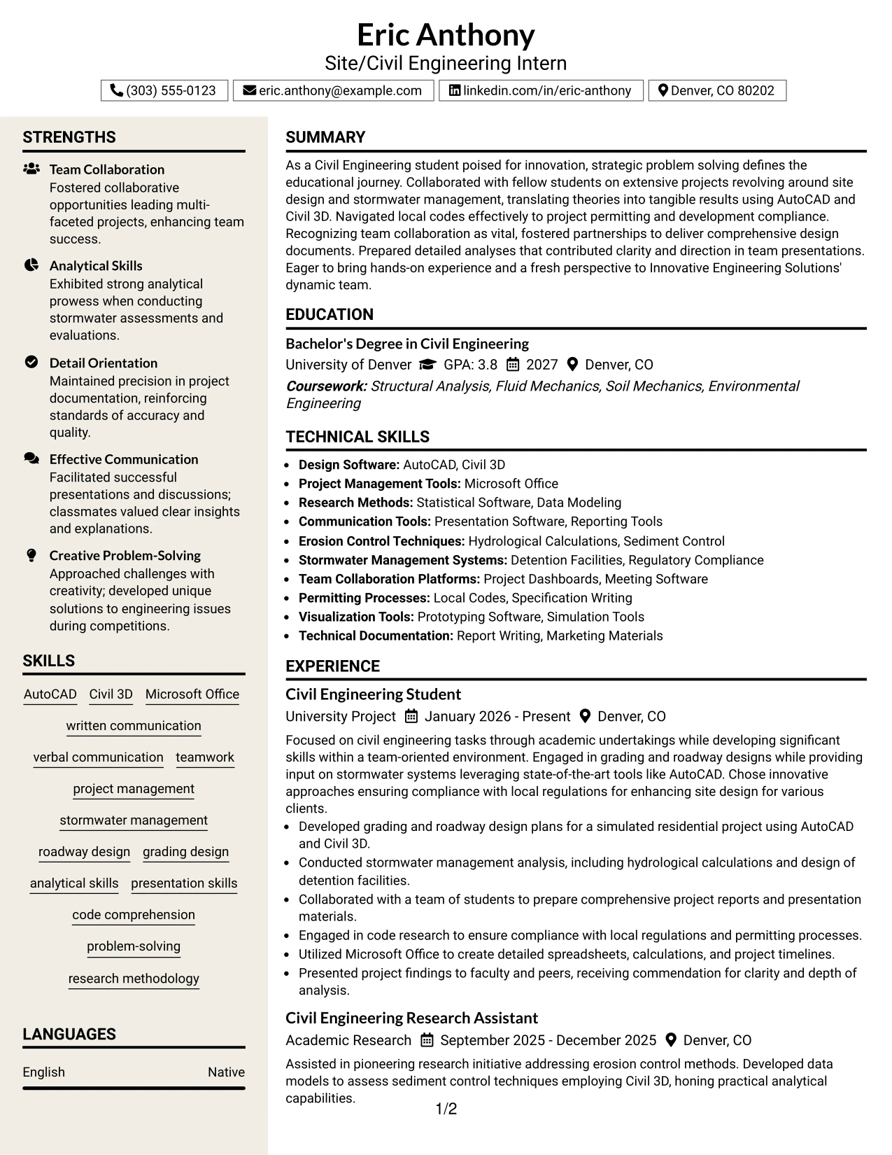 Resume Example Page 1