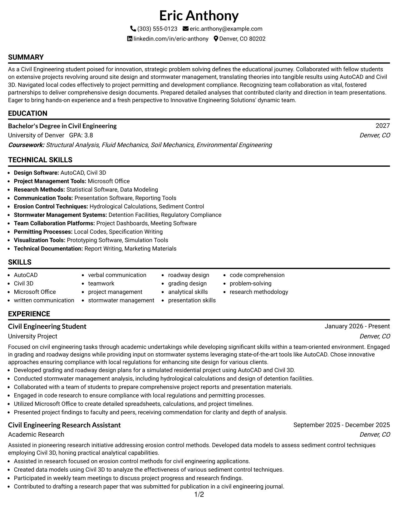 Resume Example Page 1
