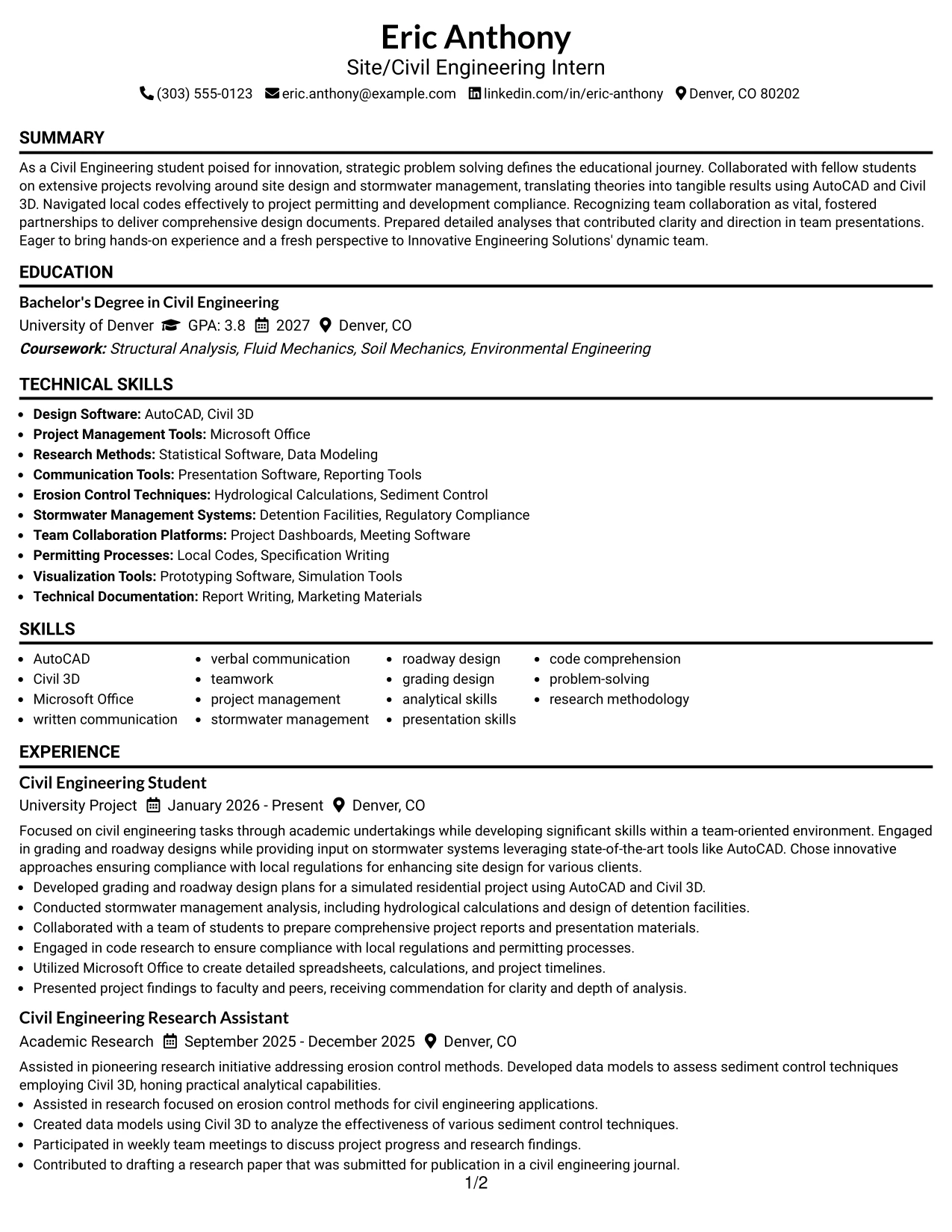 Resume Example Page 1