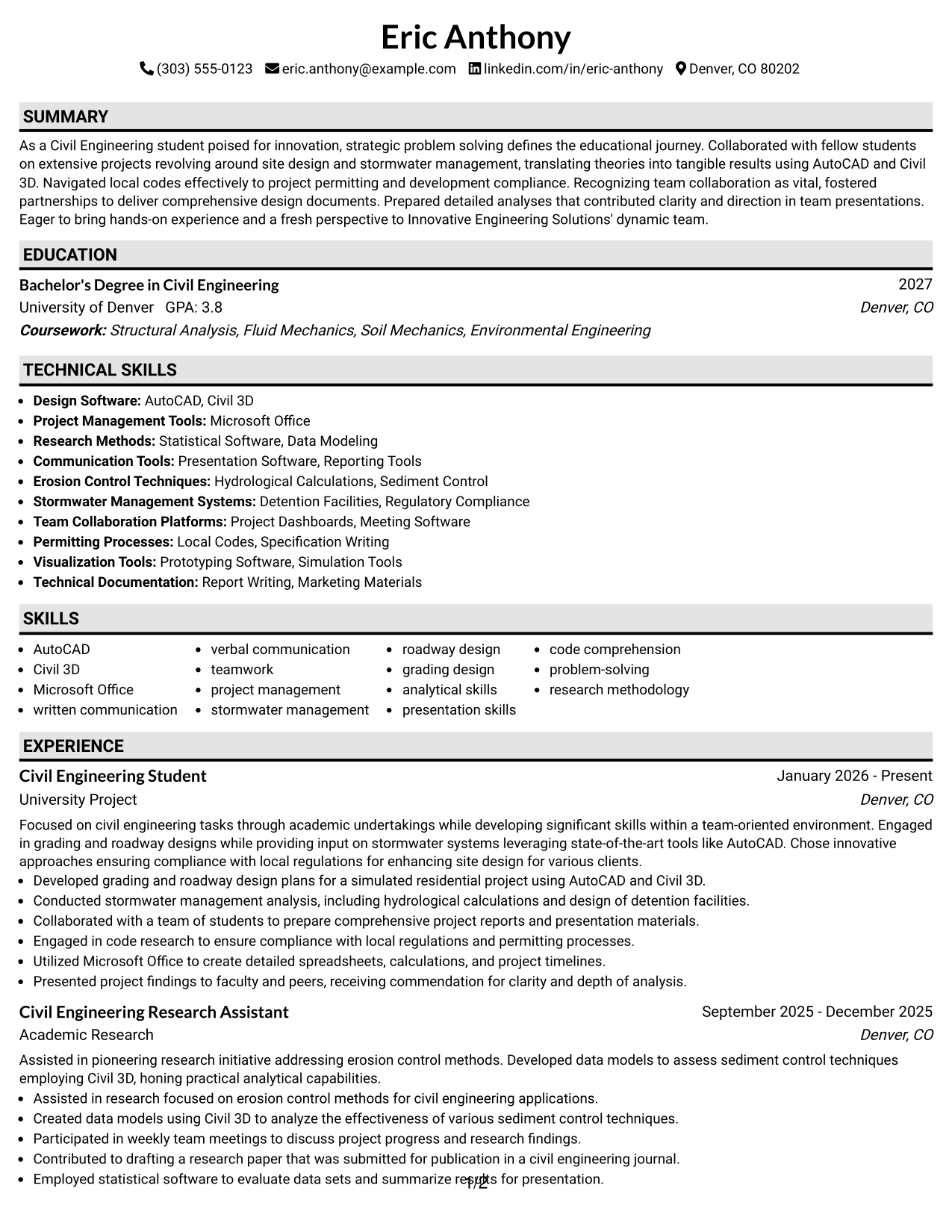 Resume Example Page 1