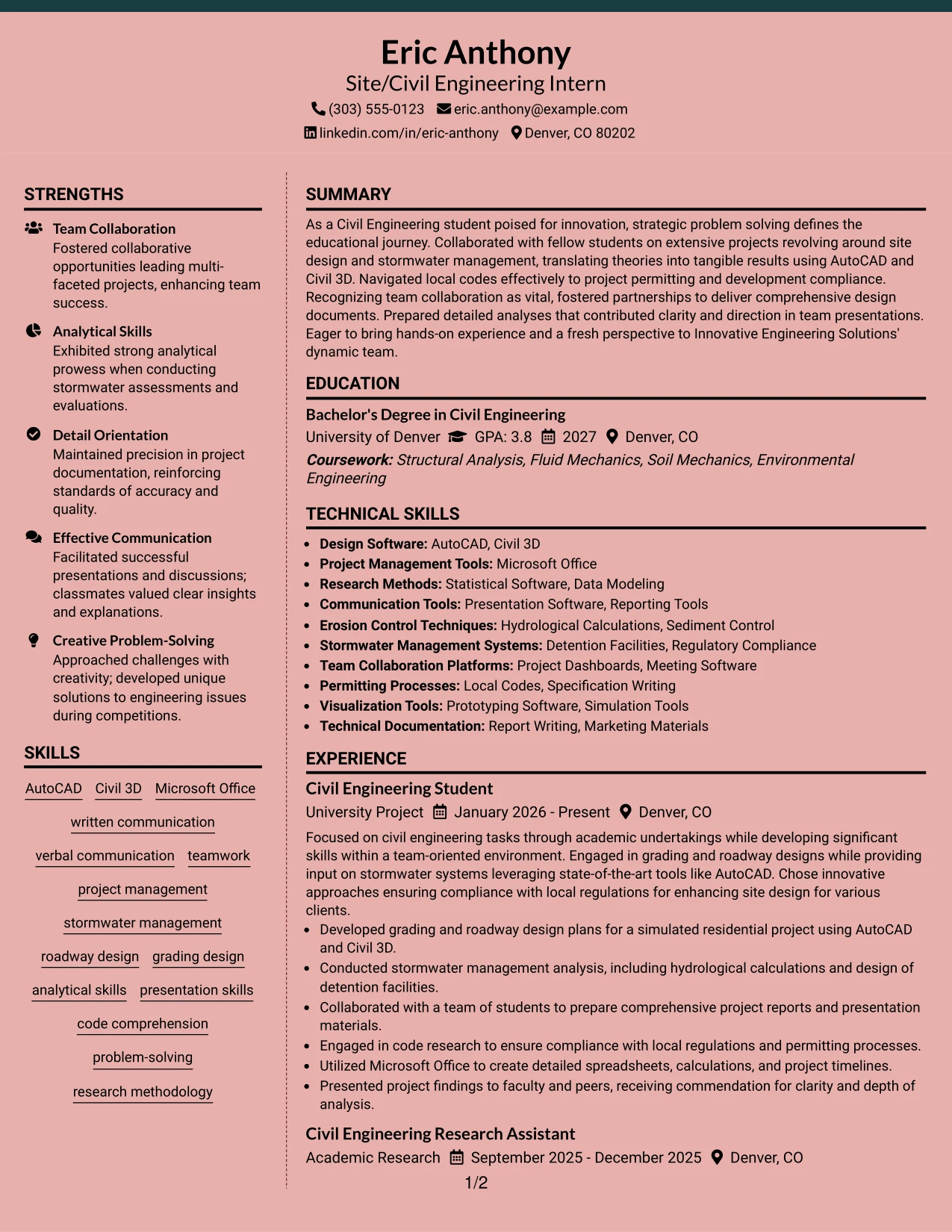 Resume Example Page 1