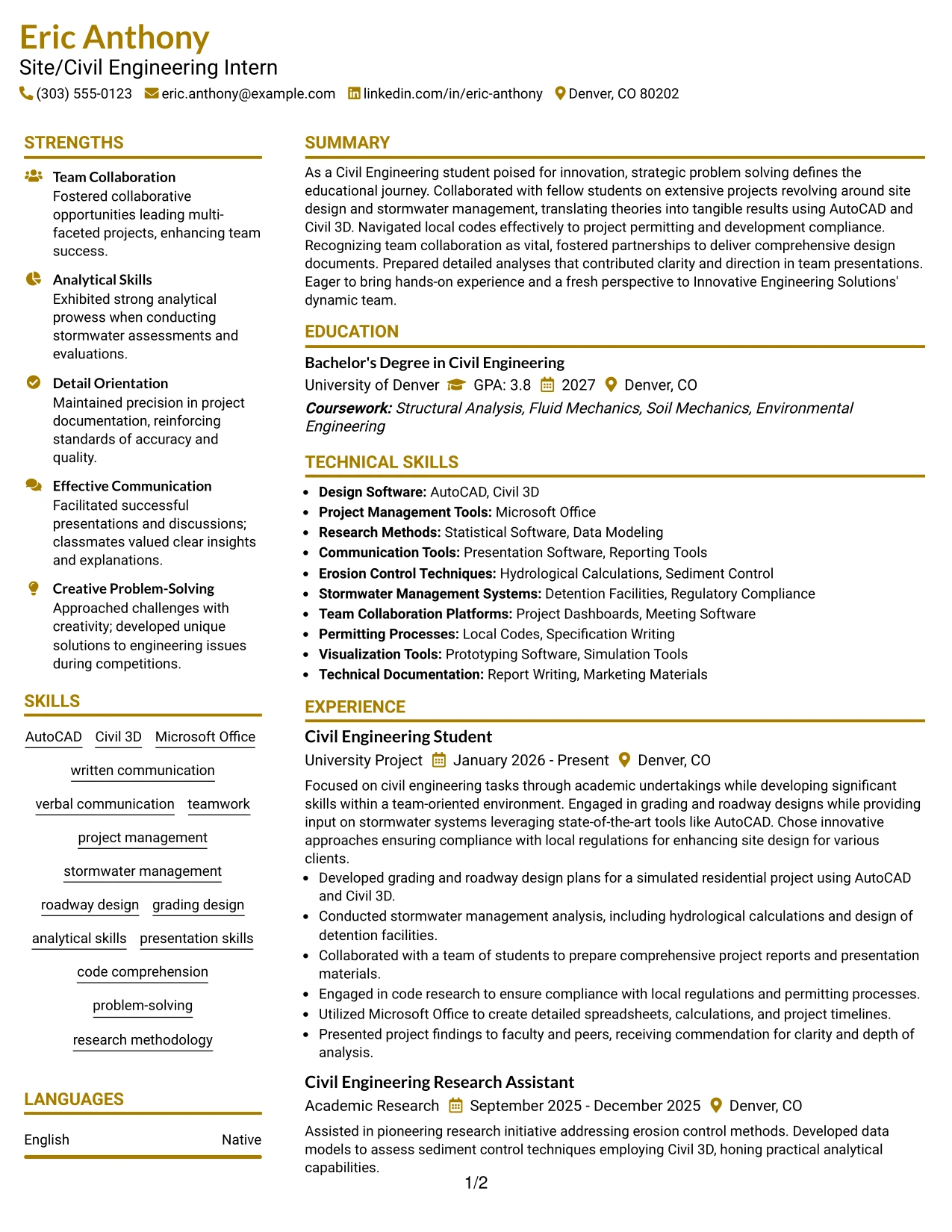 Resume Example Page 1