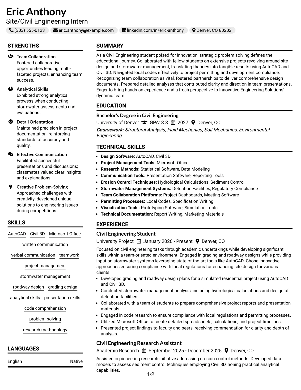 Resume Example Page 1