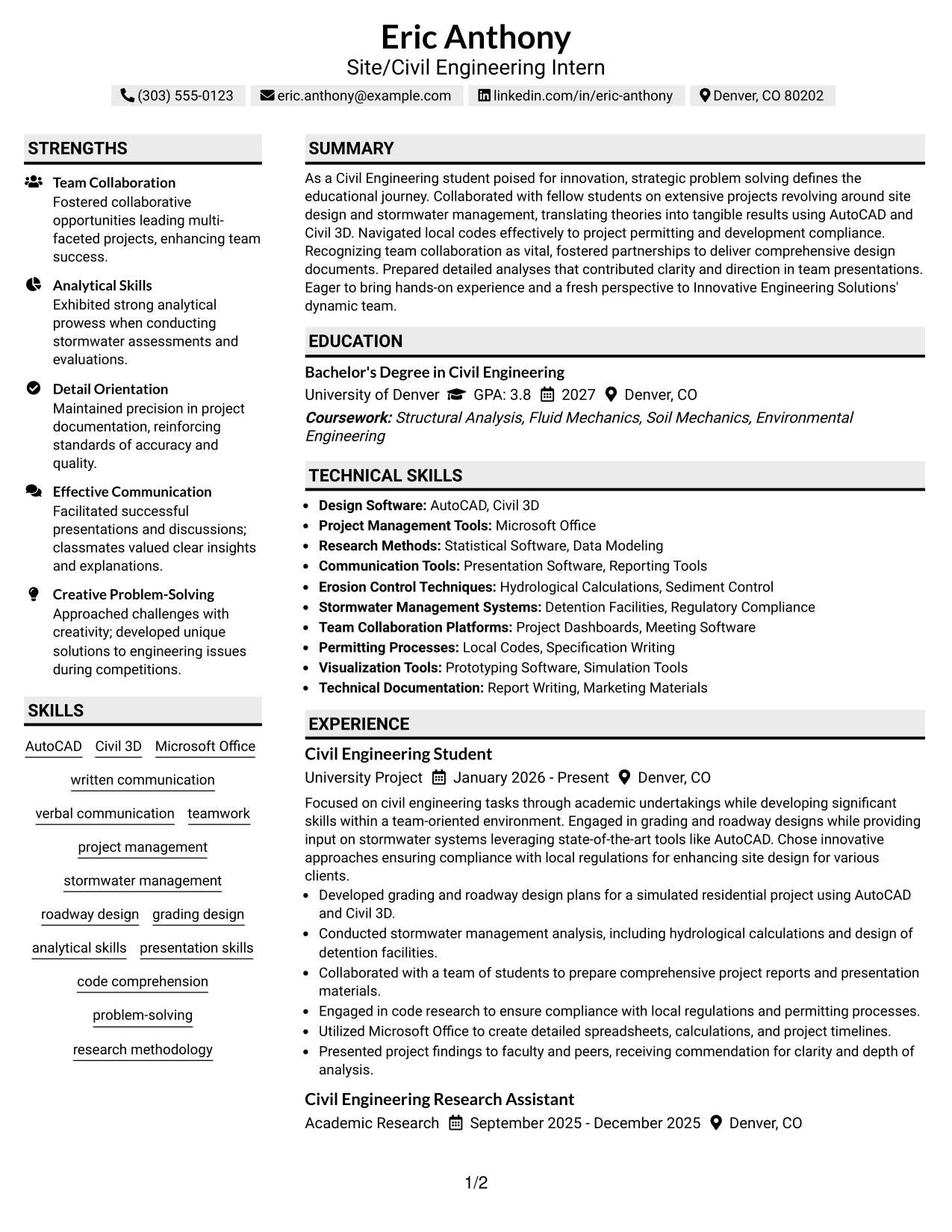 Resume Example Page 1