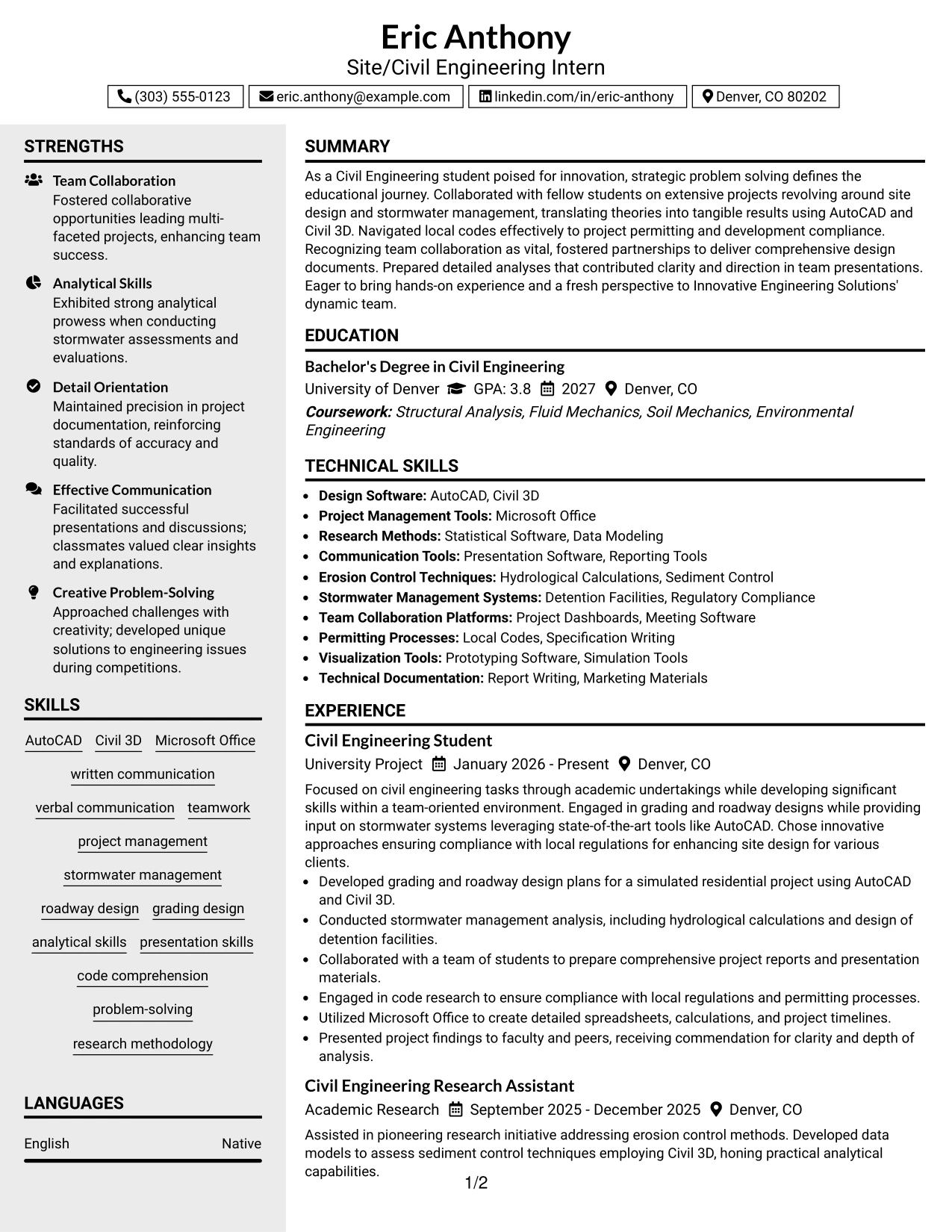 Resume Example Page 1