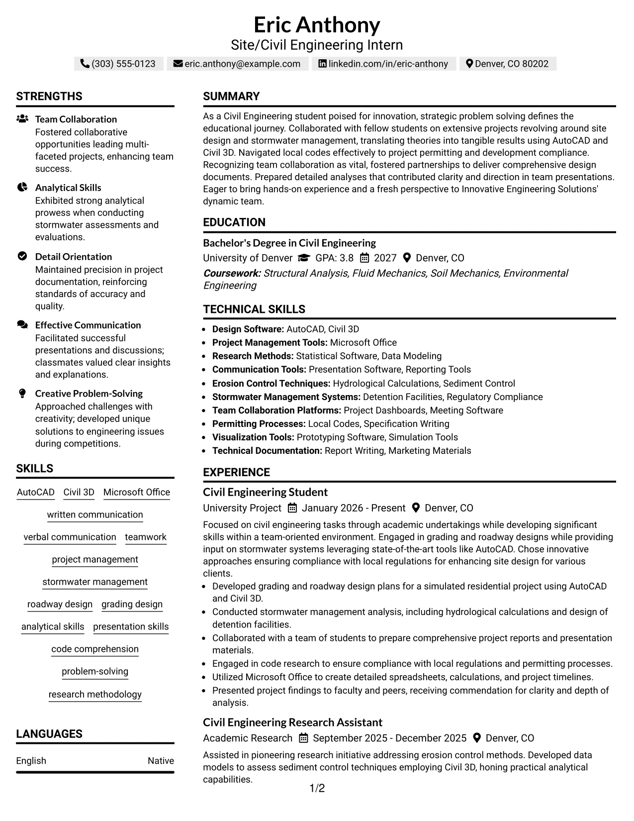 Resume Example Page 1