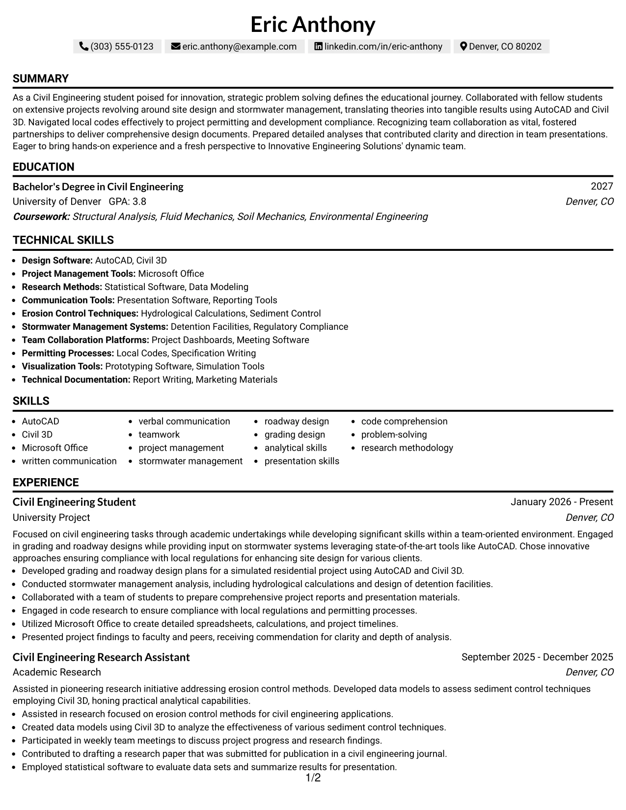 Resume Example Page 1