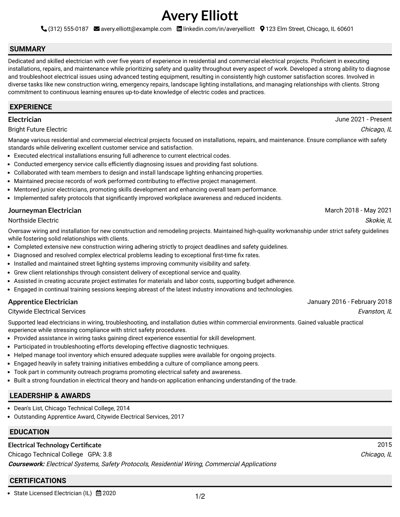 Resume Example Page 1