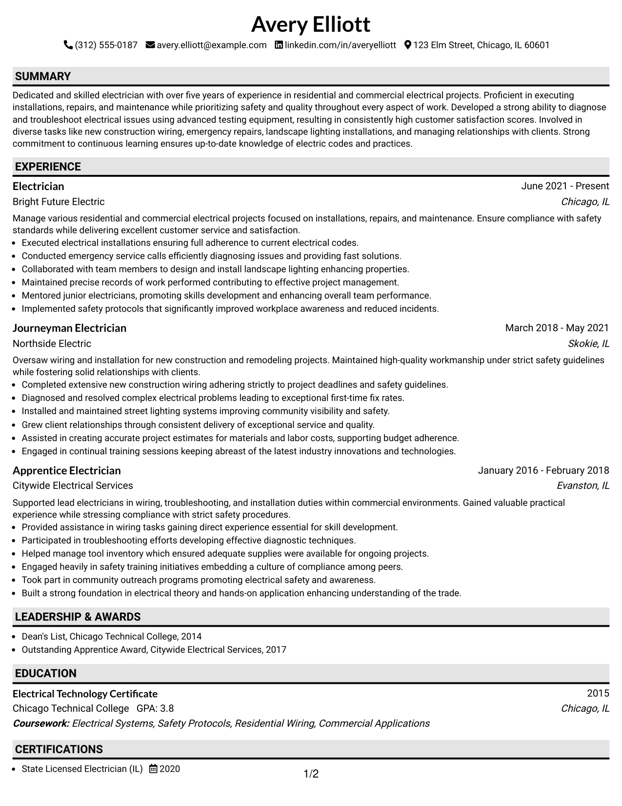 Resume Example Page 1