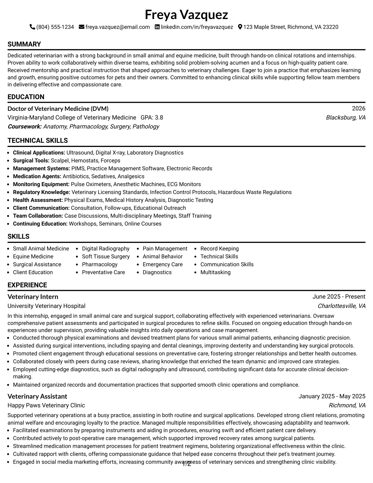 Resume Example Page 1