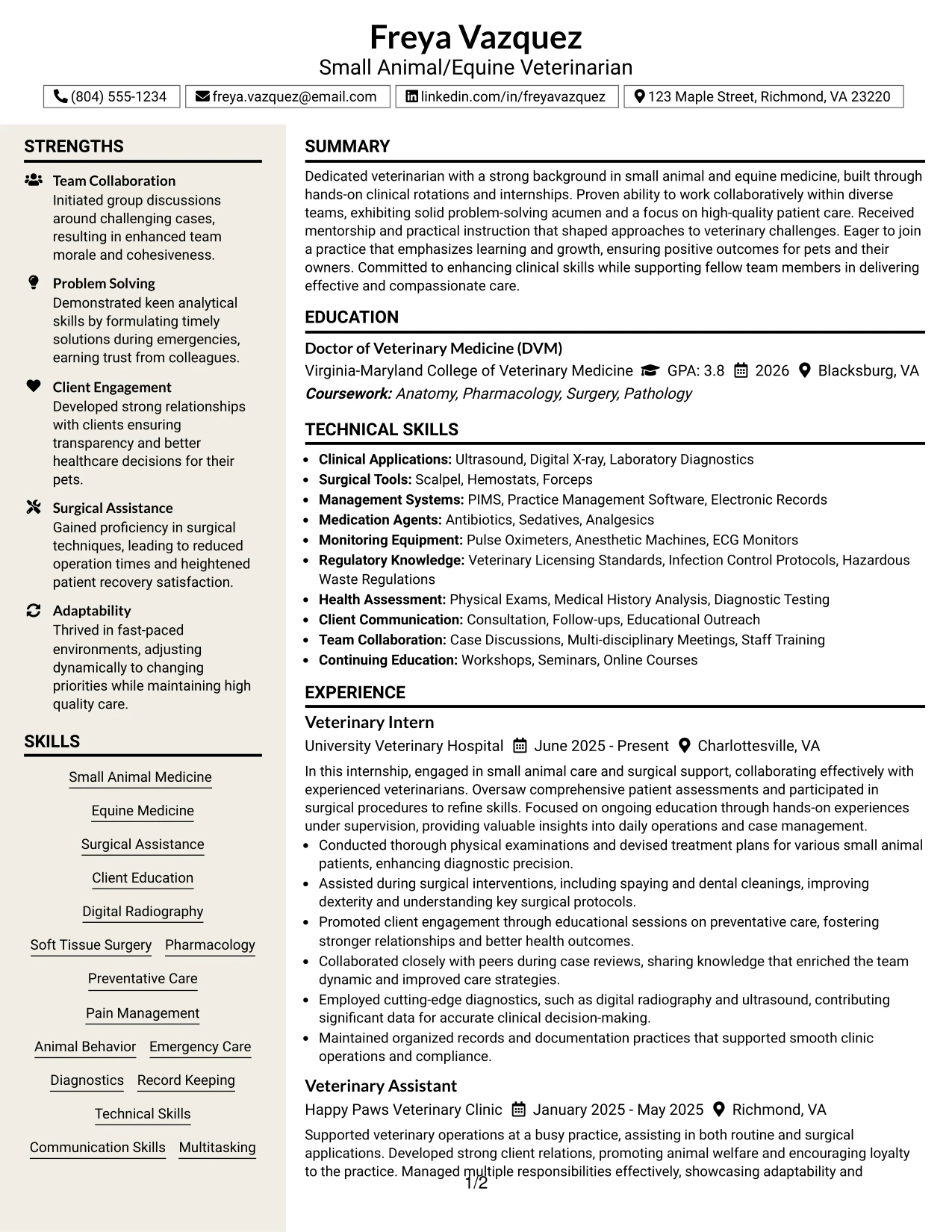 Resume Example Page 1